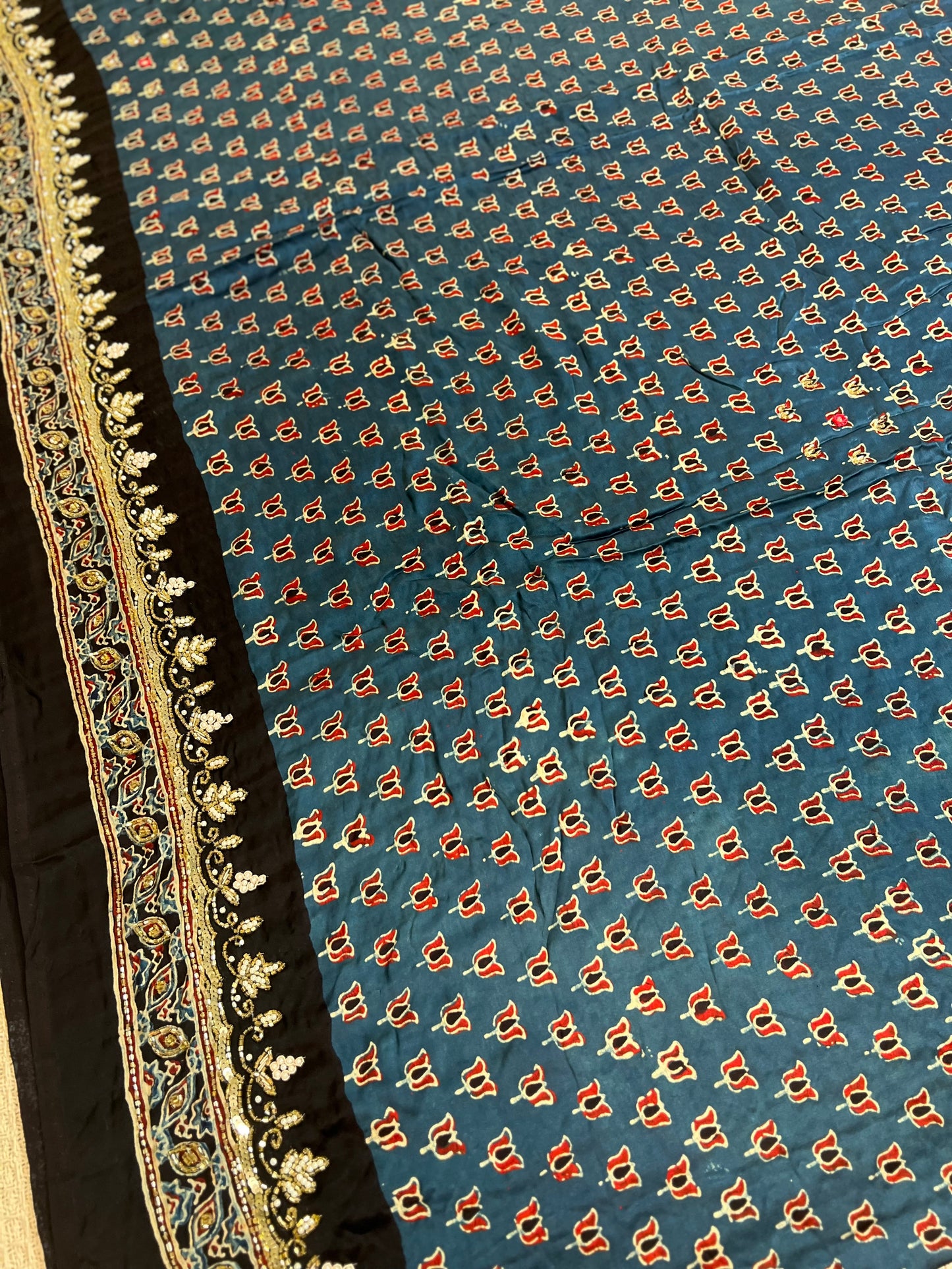 BLUE MEADOW - Pure Modal Ajrakh Hand Embroidered Saree