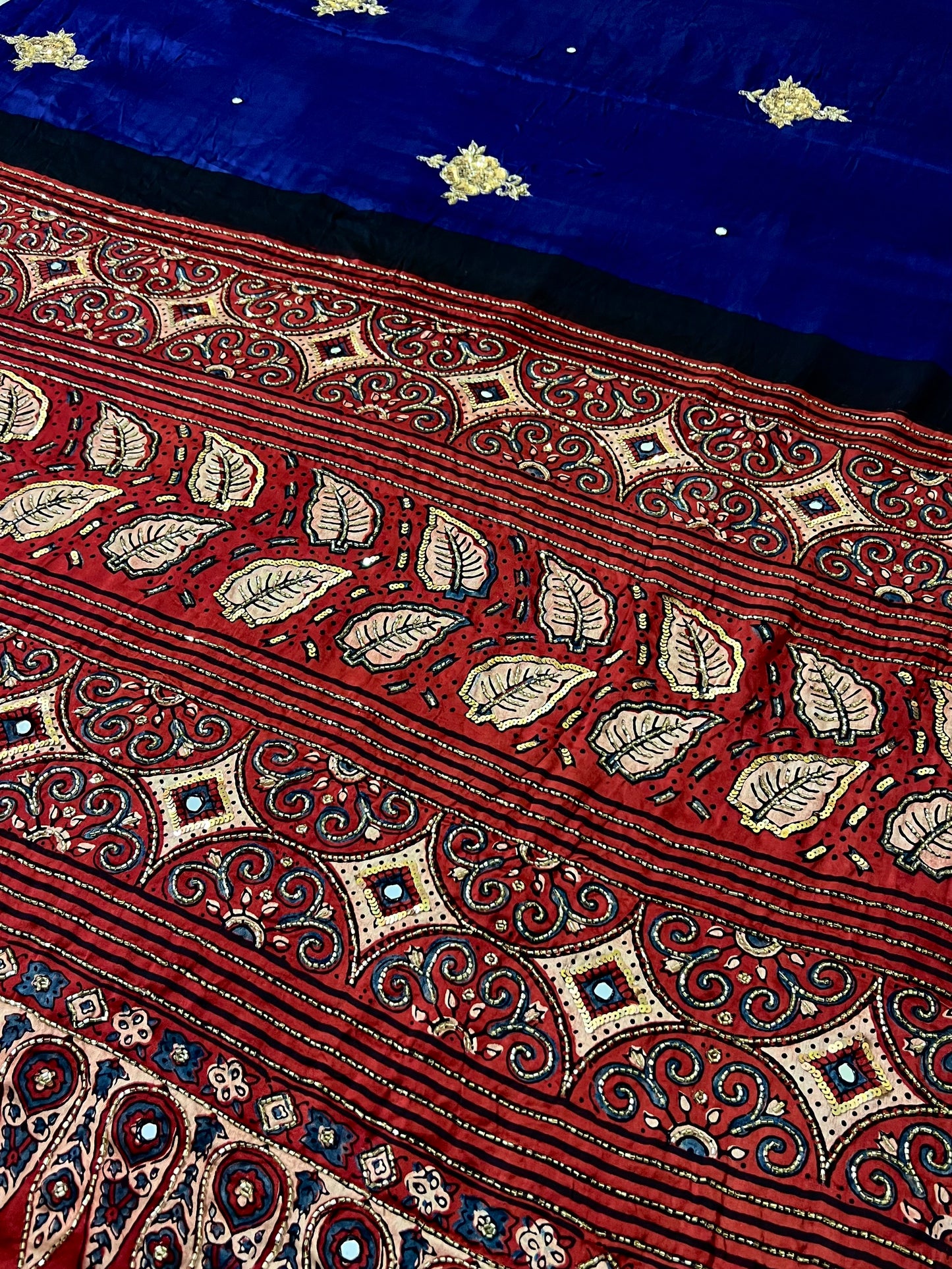 ROYAL ROSE - Pure Modal Ajrakh Hand Embroidered Saree