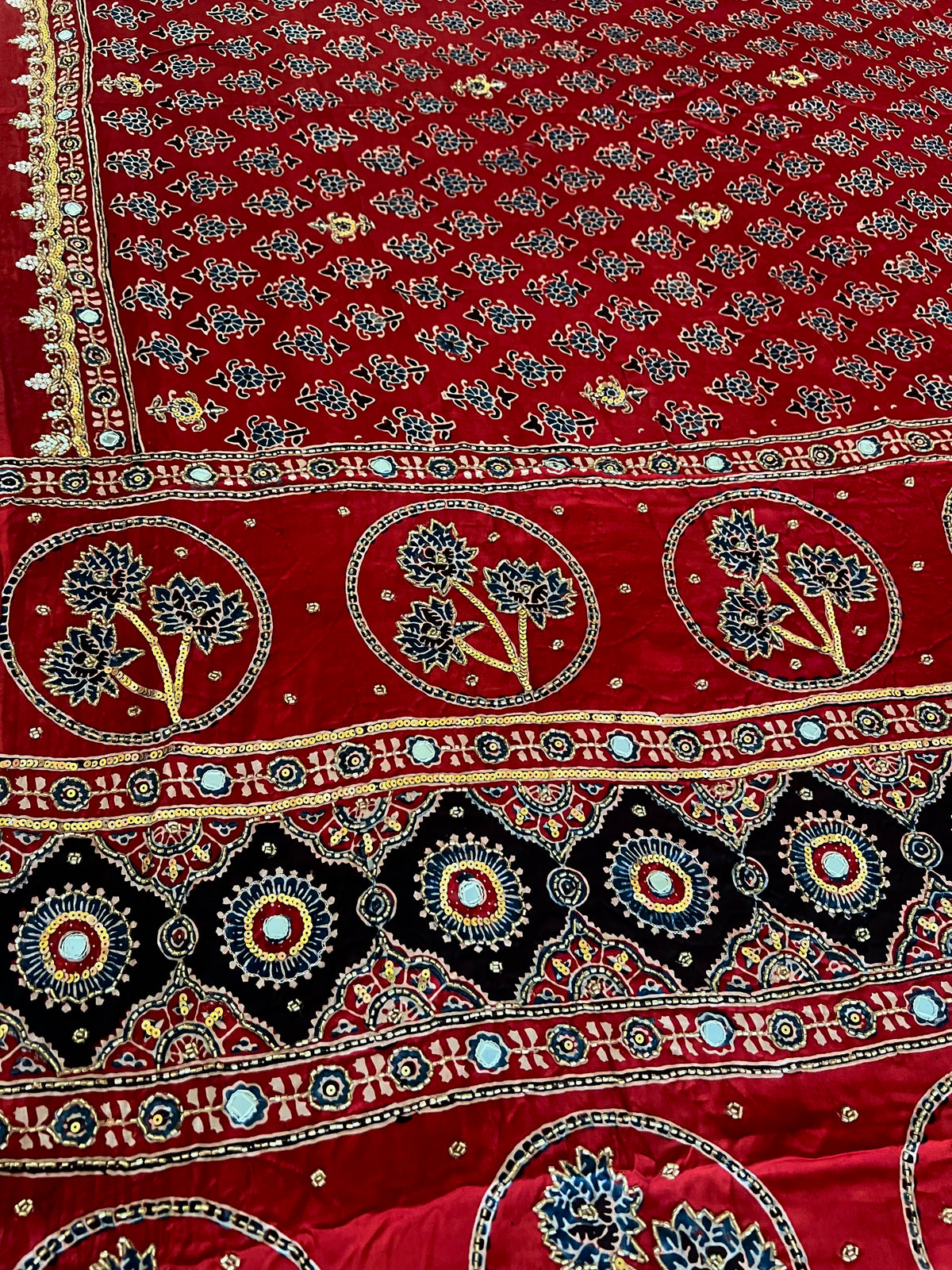 RUBY PARADISE - Pure Modal Ajrakh Hand Embroidered Saree