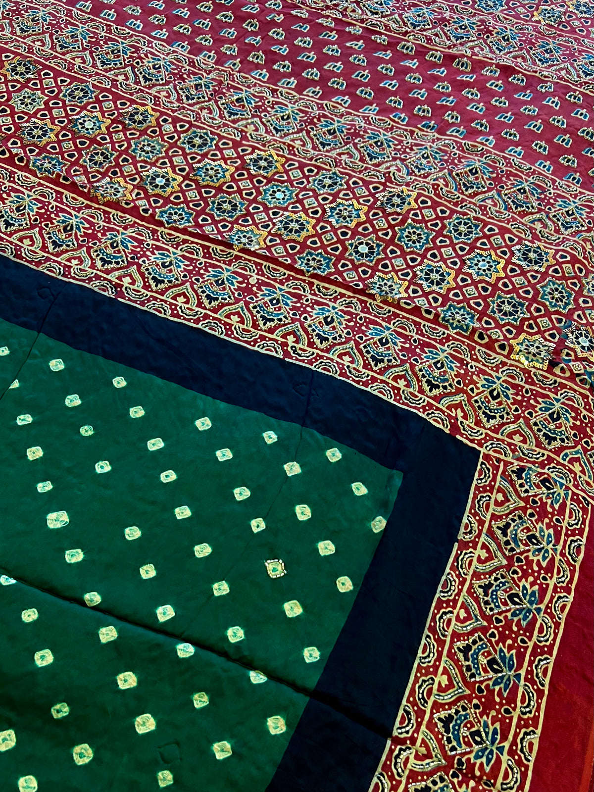 GREEN ROYALTY - Pure Modal Bandhani Ajrakh Hand Embroidered Saree