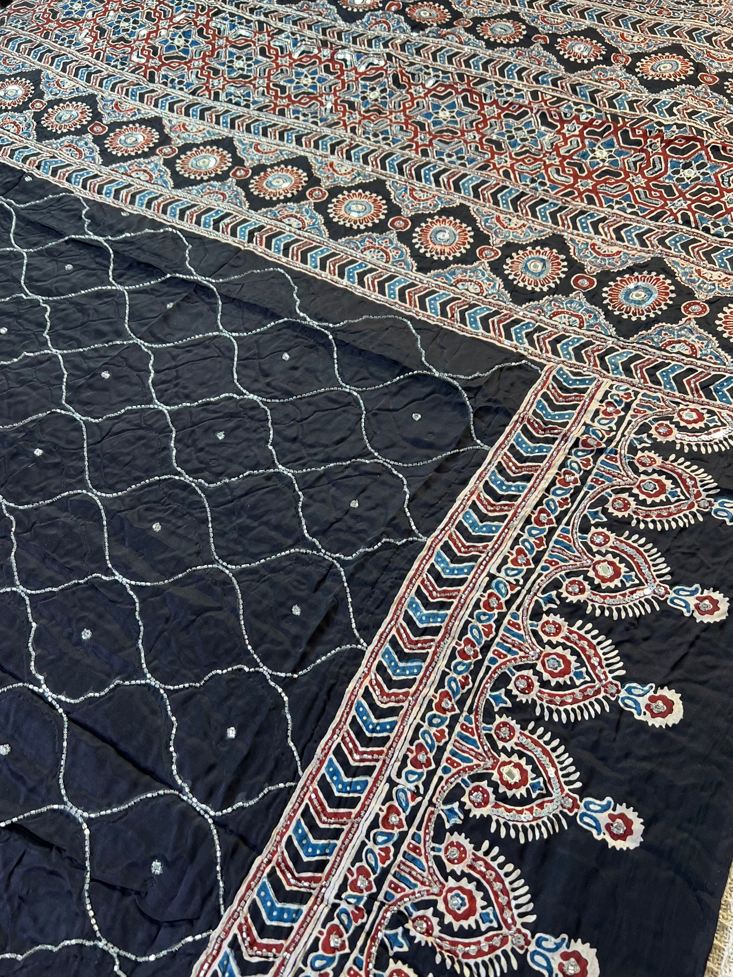 STARLIT NIGHT - Pure Modal Ajrakh Hand Embroidered Saree