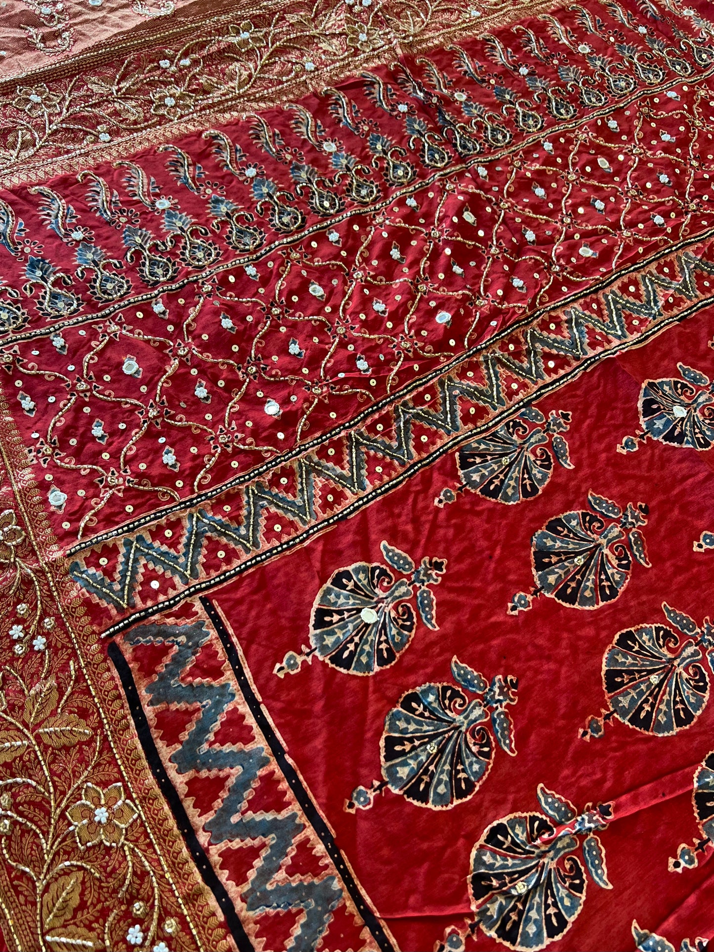 VERMILLION WHISPER - Pure Dola Ajrakh Hand Embroidered Saree