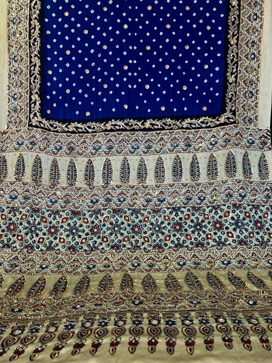 BLUE EMPRESS - Pure Modal Bandhani Ajrakh Hand Embroidered Saree