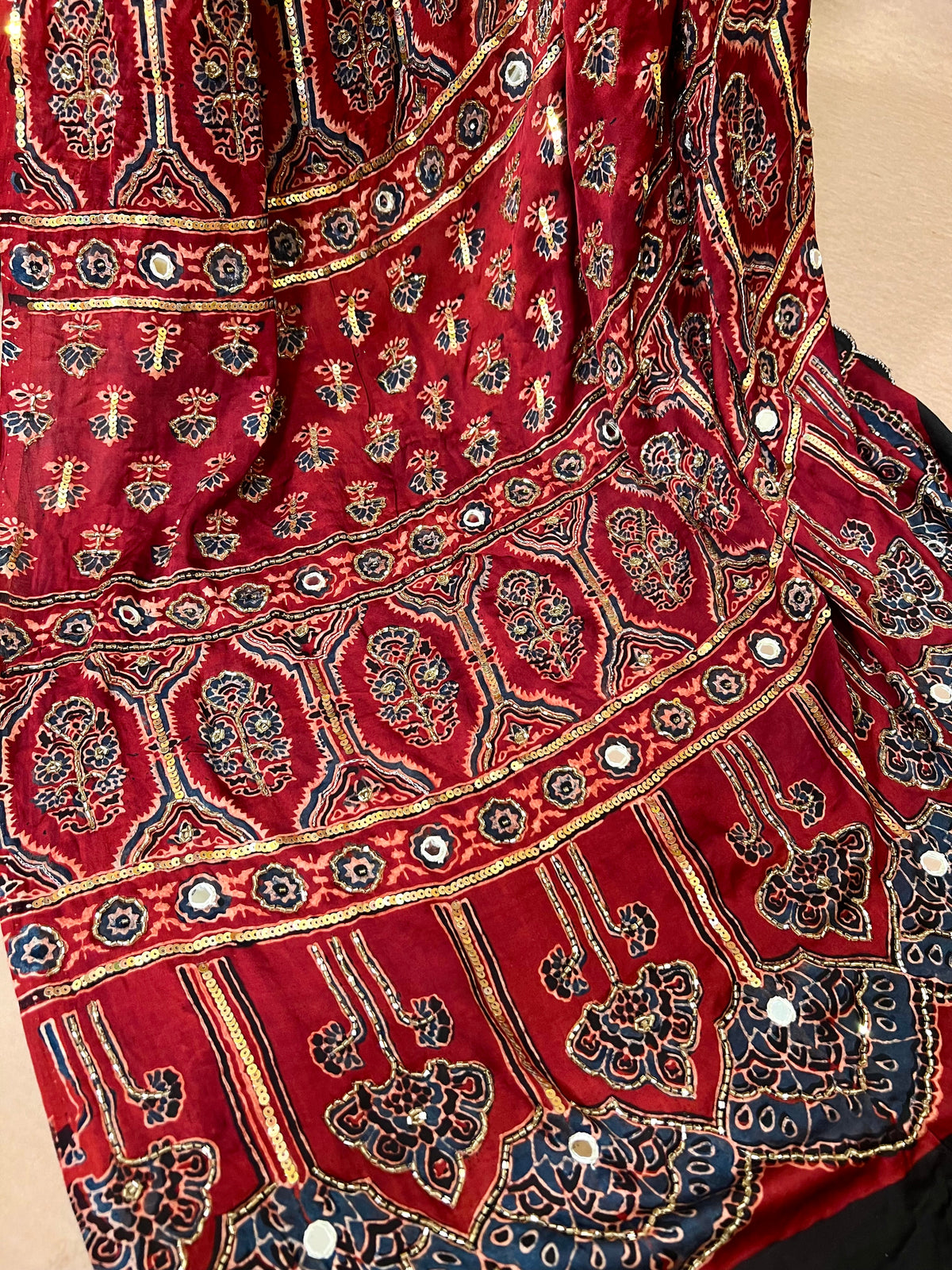 CARMINE MUSE - Pure Modal Ajrakh Hand Embroidered Saree