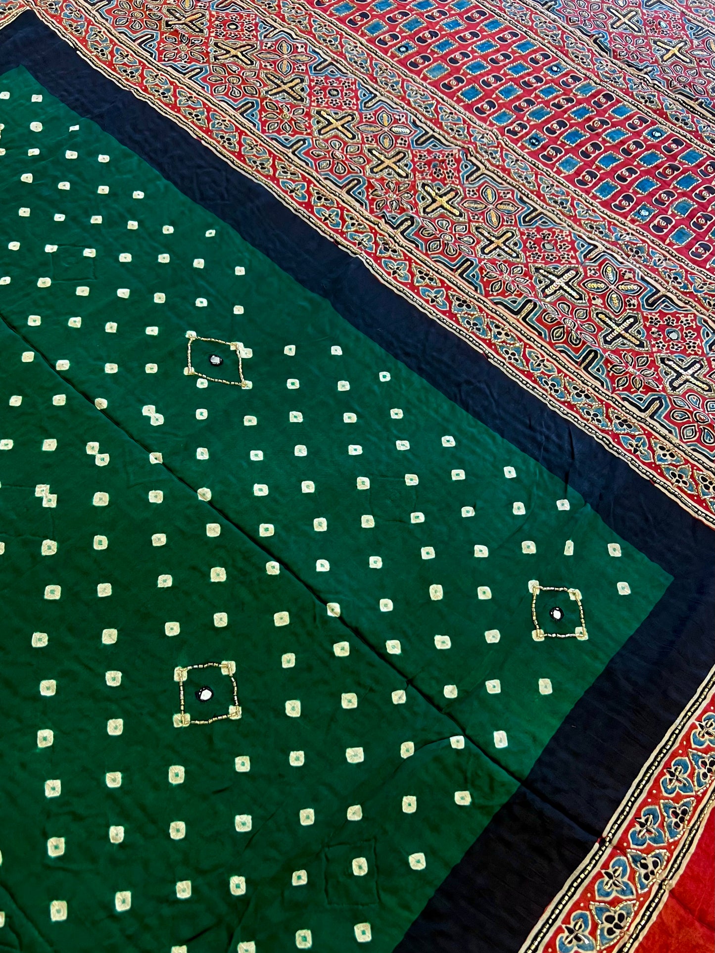 GREEN GRANDEUR - Pure Modal Bandhani Ajrakh Hand Embroidered Saree