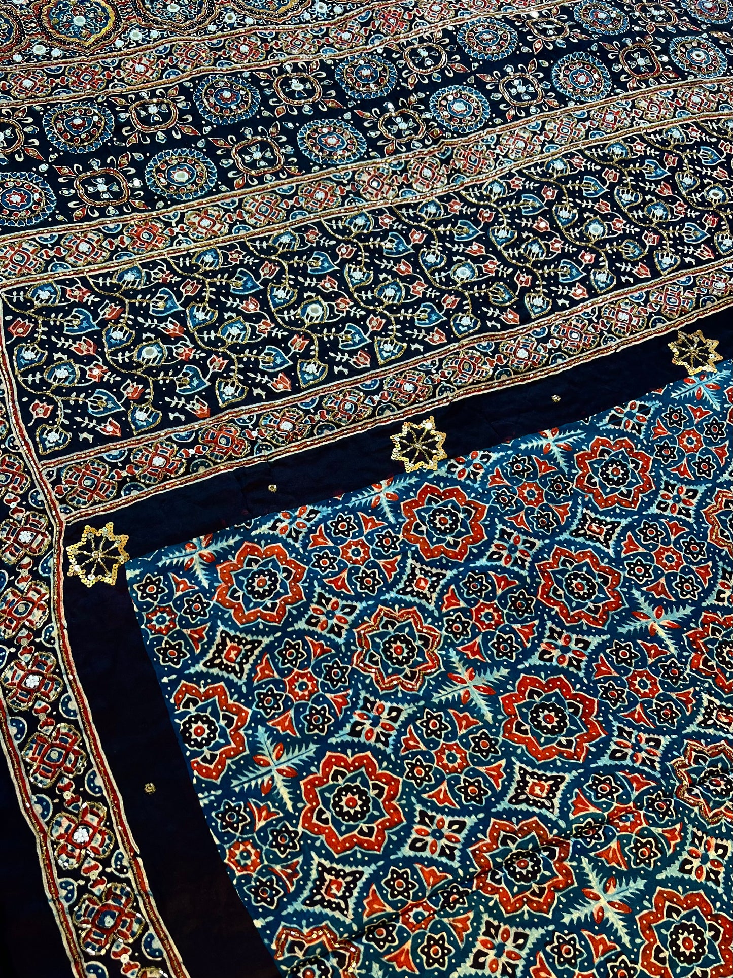 SAPPHIRE MIST - Pure Modal Ajrakh Hand Embroidered Saree