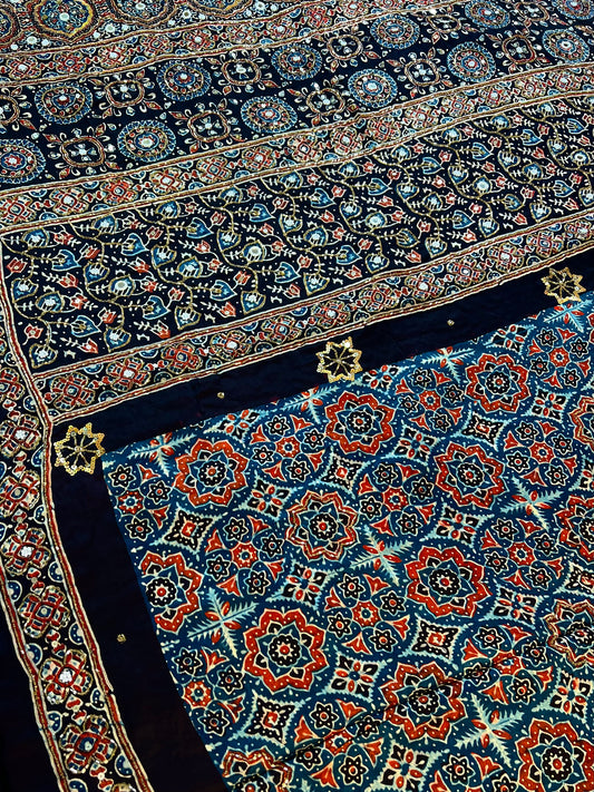 SAPPHIRE MIST - Pure Modal Ajrakh Hand Embroidered Saree