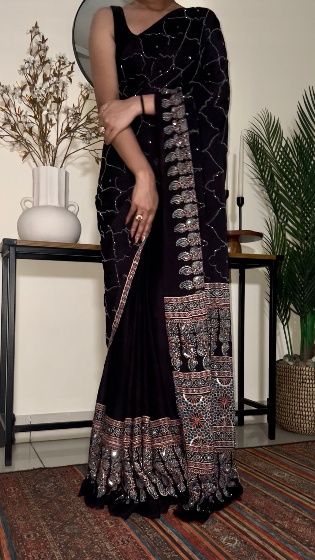 MIDNIGHT IVY - Pure Modal Ajrakh Hand Embroidered Saree