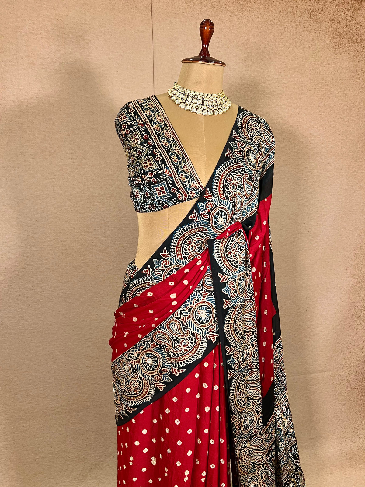 RED SPLENDOUR - Pure Modal Bandhani Ajrakh Hand Embroidered Saree
