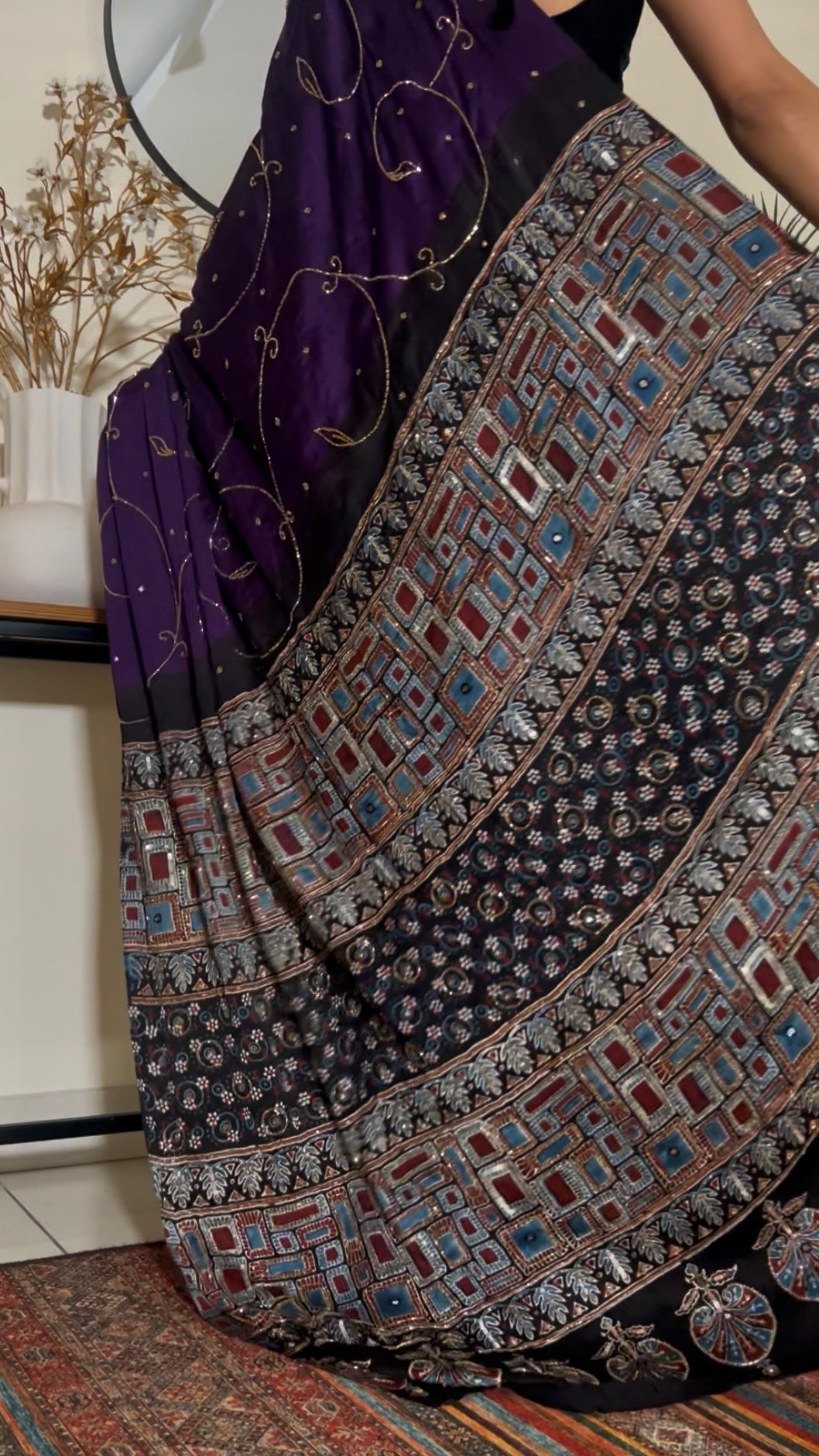MIDNIGHT AMETHYST - Pure Modal Ajrakh Hand Embroidered Saree