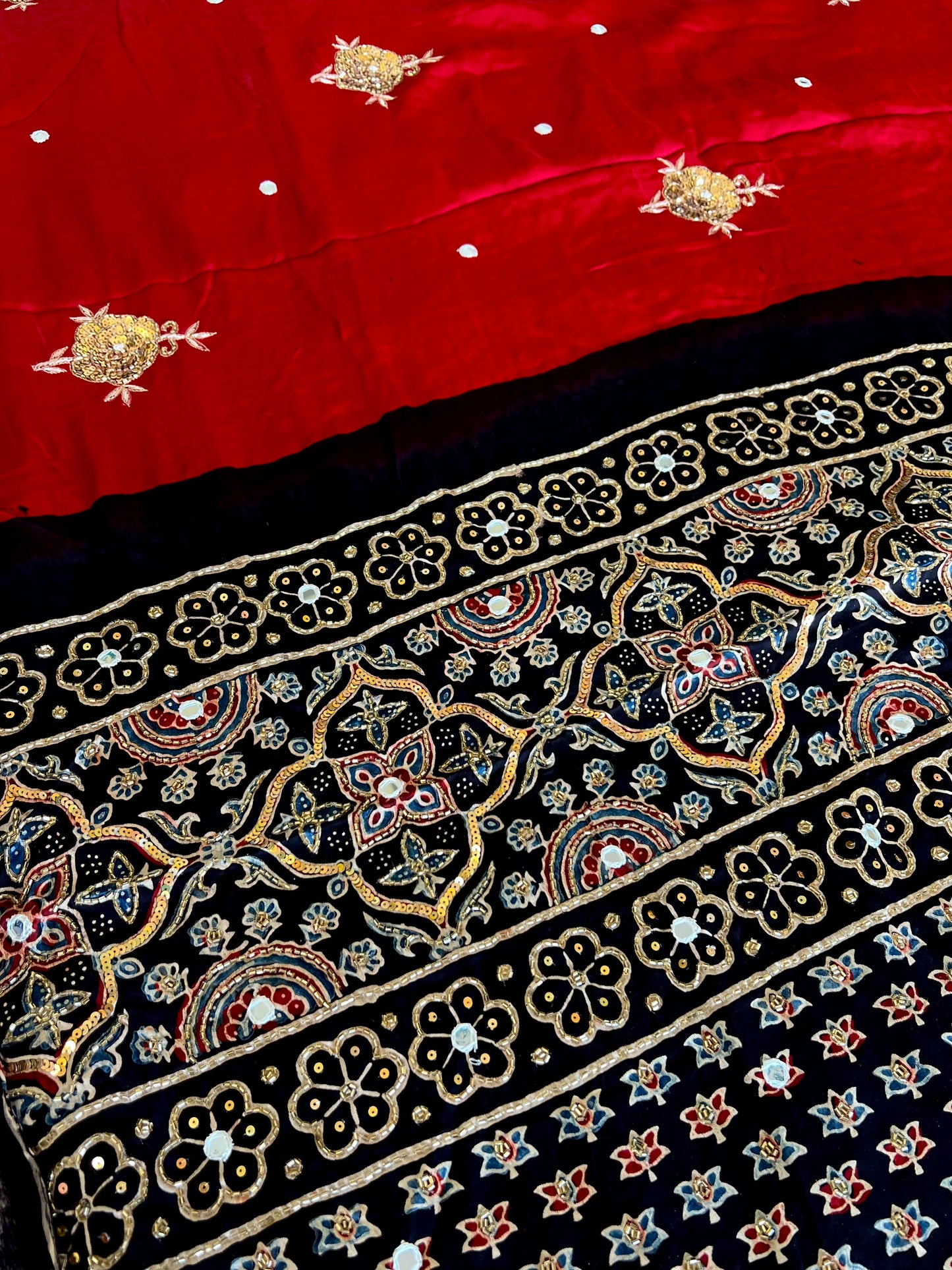 SCARLET ROSE - Pure Modal Ajrakh Hand Embroidered Saree