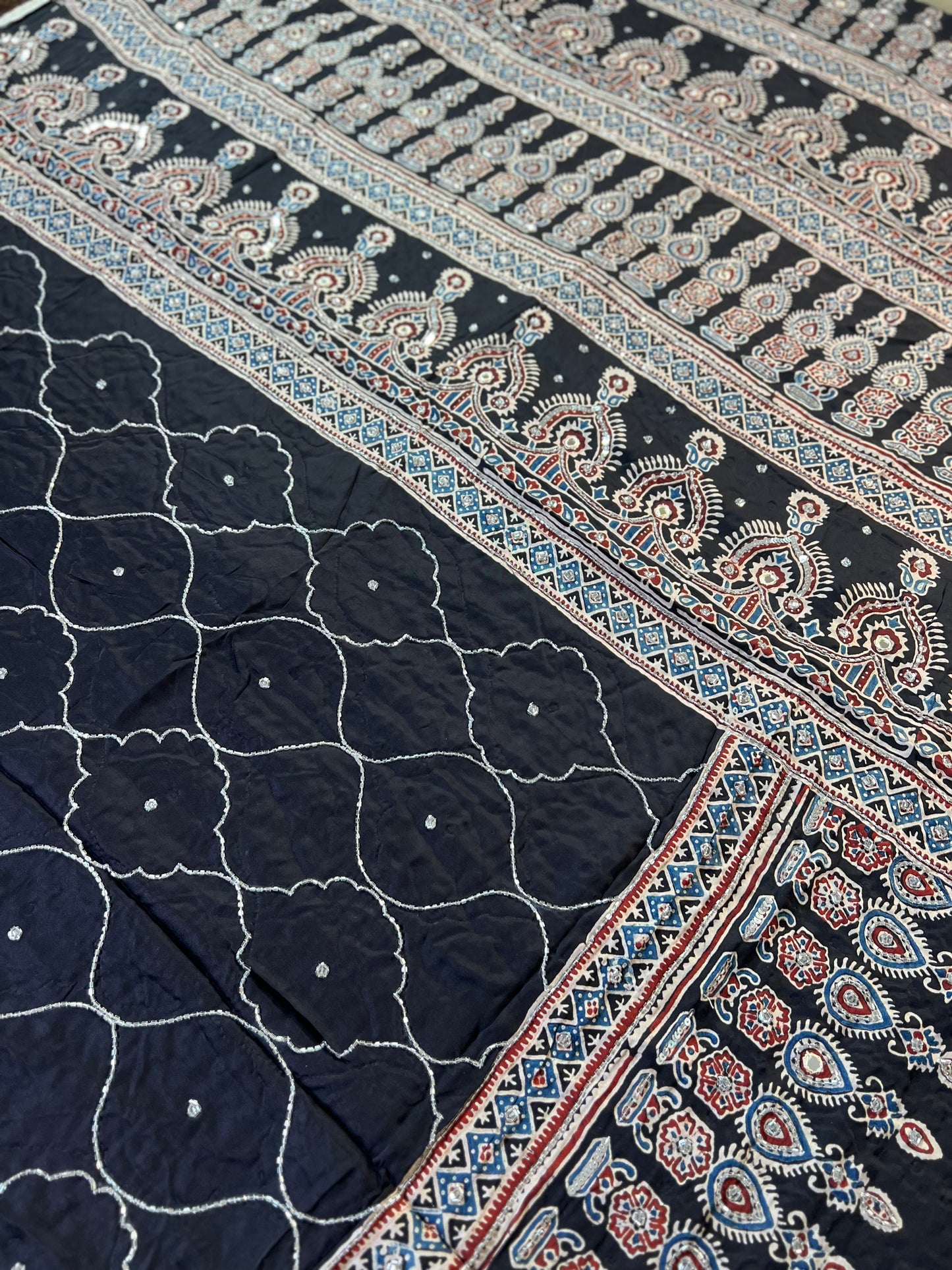 STARDUST - Pure Modal Ajrakh Hand Embroidered Saree