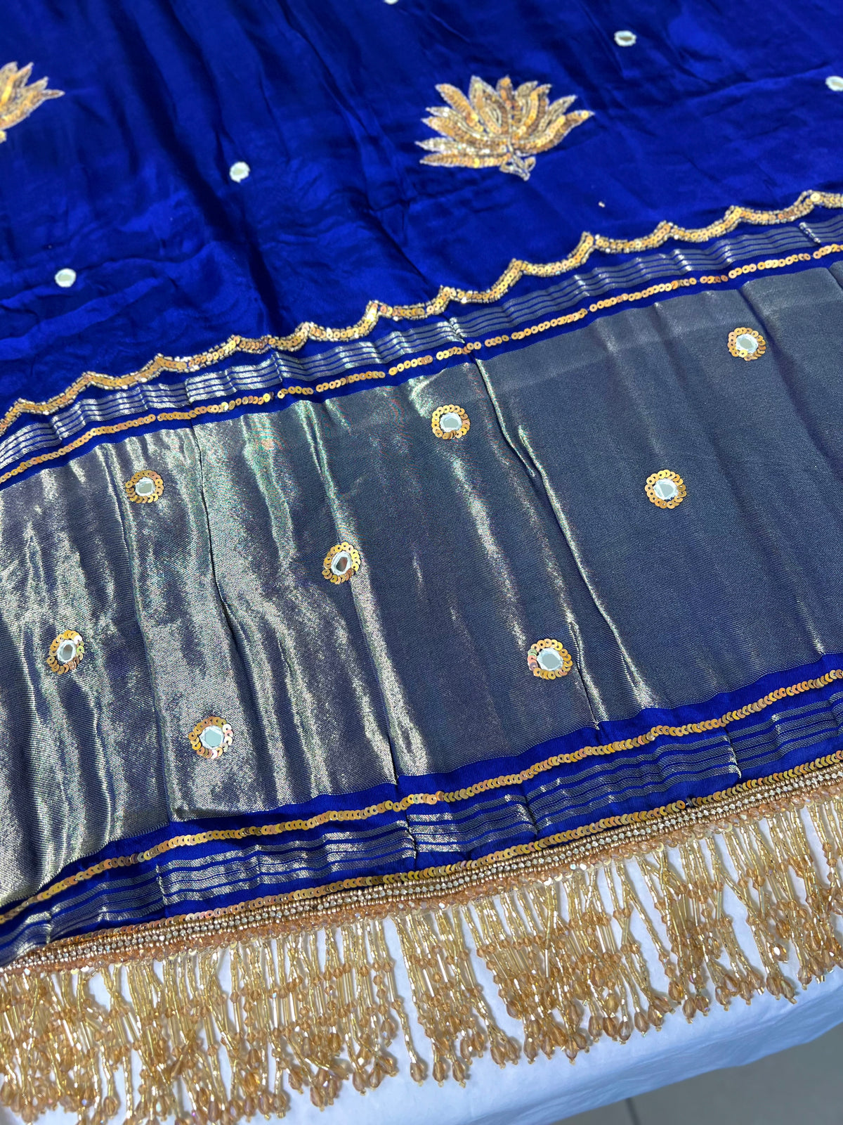 SAPPHIRE LOTUS - Pure Modal Hand Embroidered Saree with Tassels