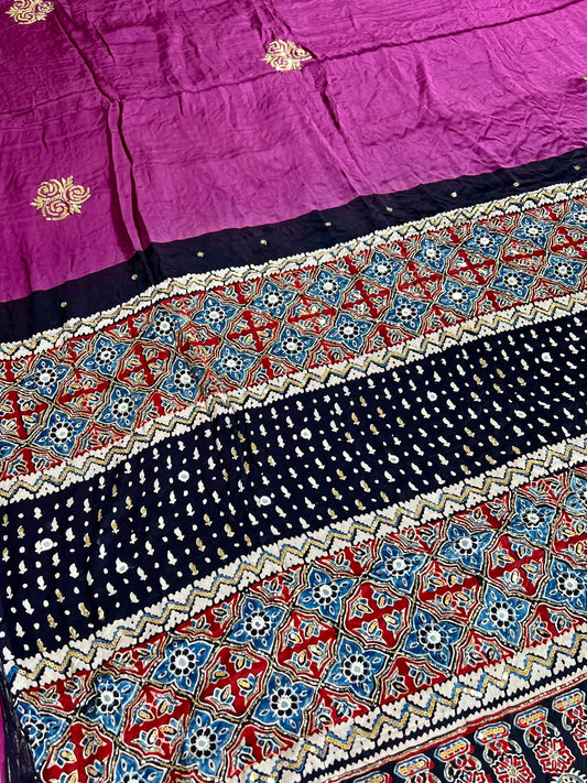 BERRY ROSE - Pure Modal Ajrakh Hand Embroidered Saree