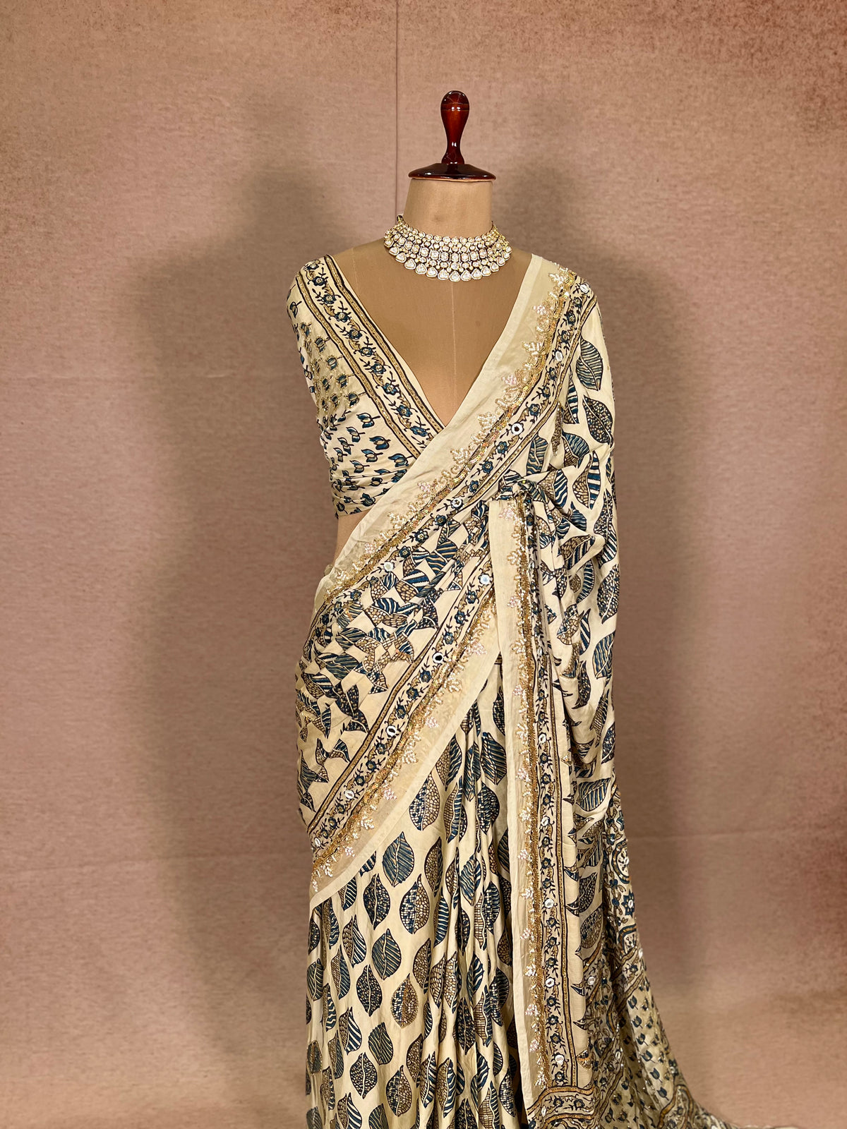 IVORY DREAMSCAPE - Pure Modal Ajrakh Hand Embroidered Saree