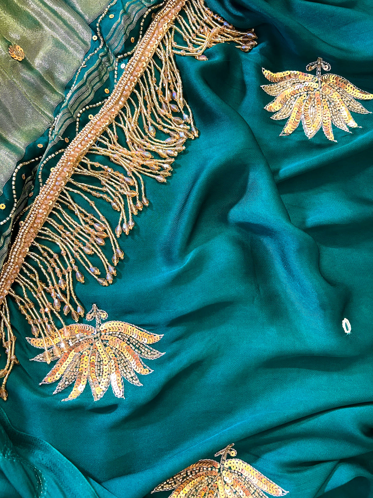 EMERALD LOTUS - Pure Modal Hand Embroidered Saree with Tassels