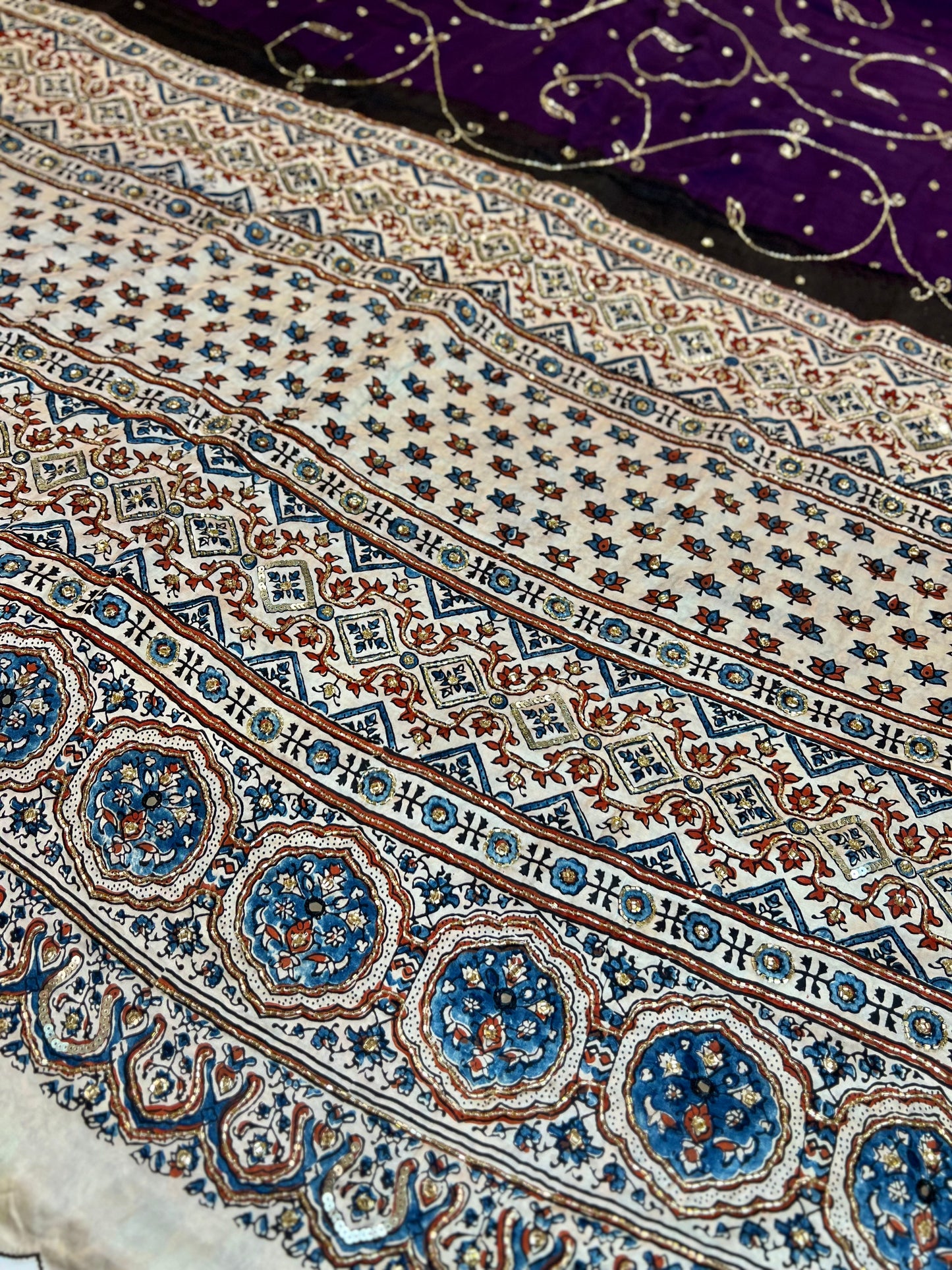 MOONLIT AMETHYST - Pure Modal Ajrakh Hand Embroidered Saree