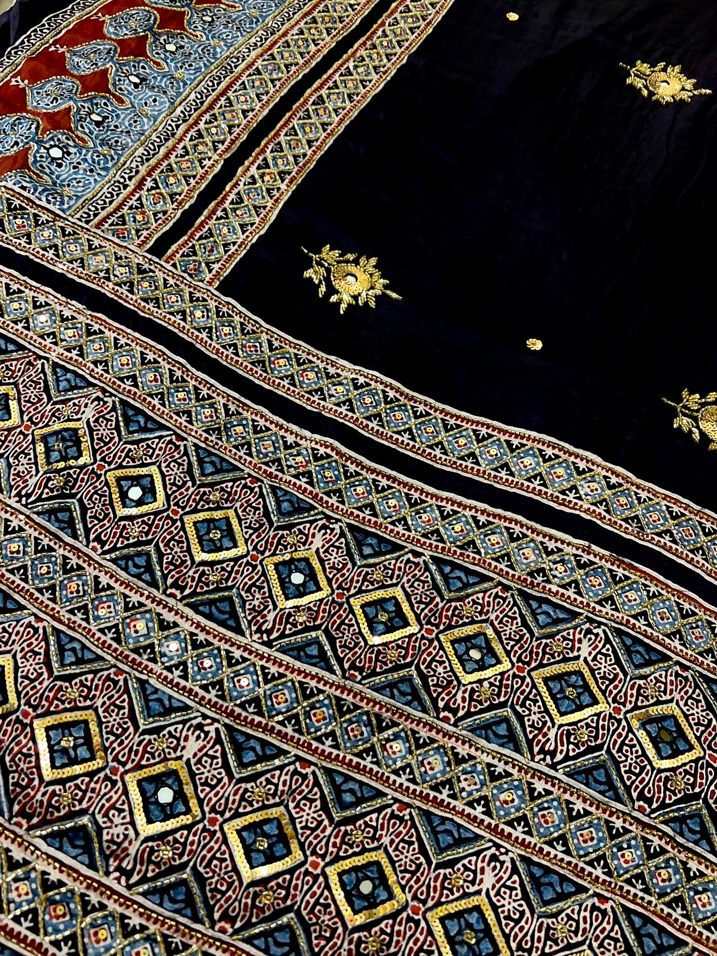 MIDNIGHT LUXE - Pure Modal Ajrakh Hand Embroidered Saree