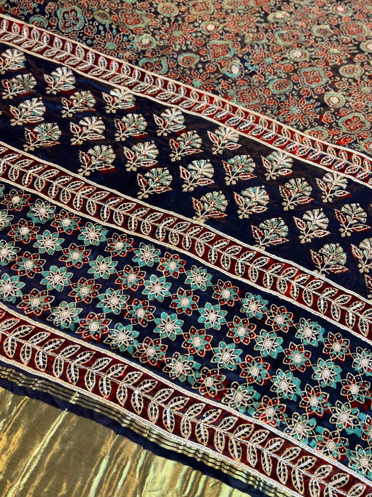 BLUE ROYALE - Pure Modal Ajrakh Hand Embroidered Saree