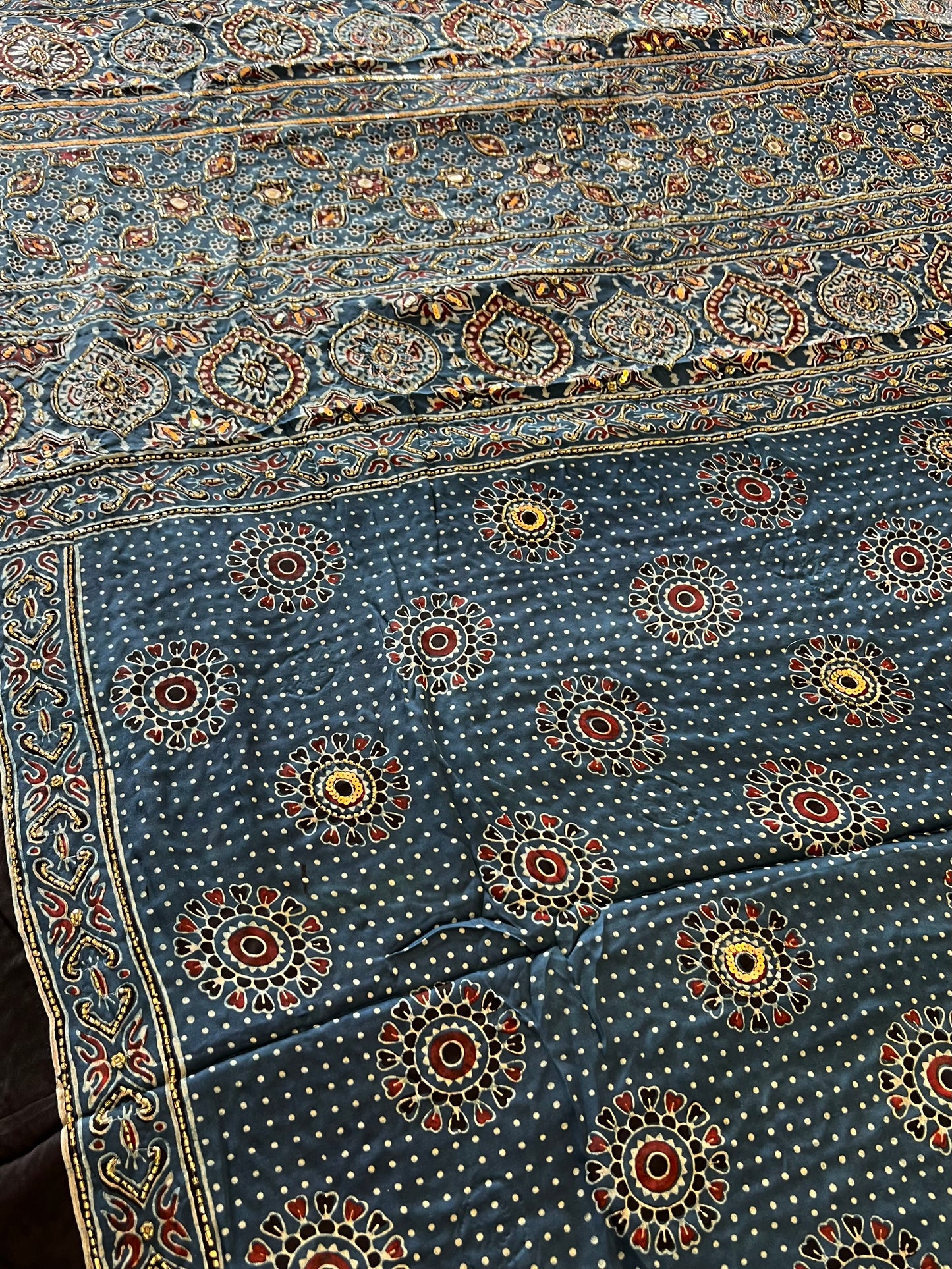 IRIS GARDEN - Pure Modal Ajrakh Hand Embroidered Saree