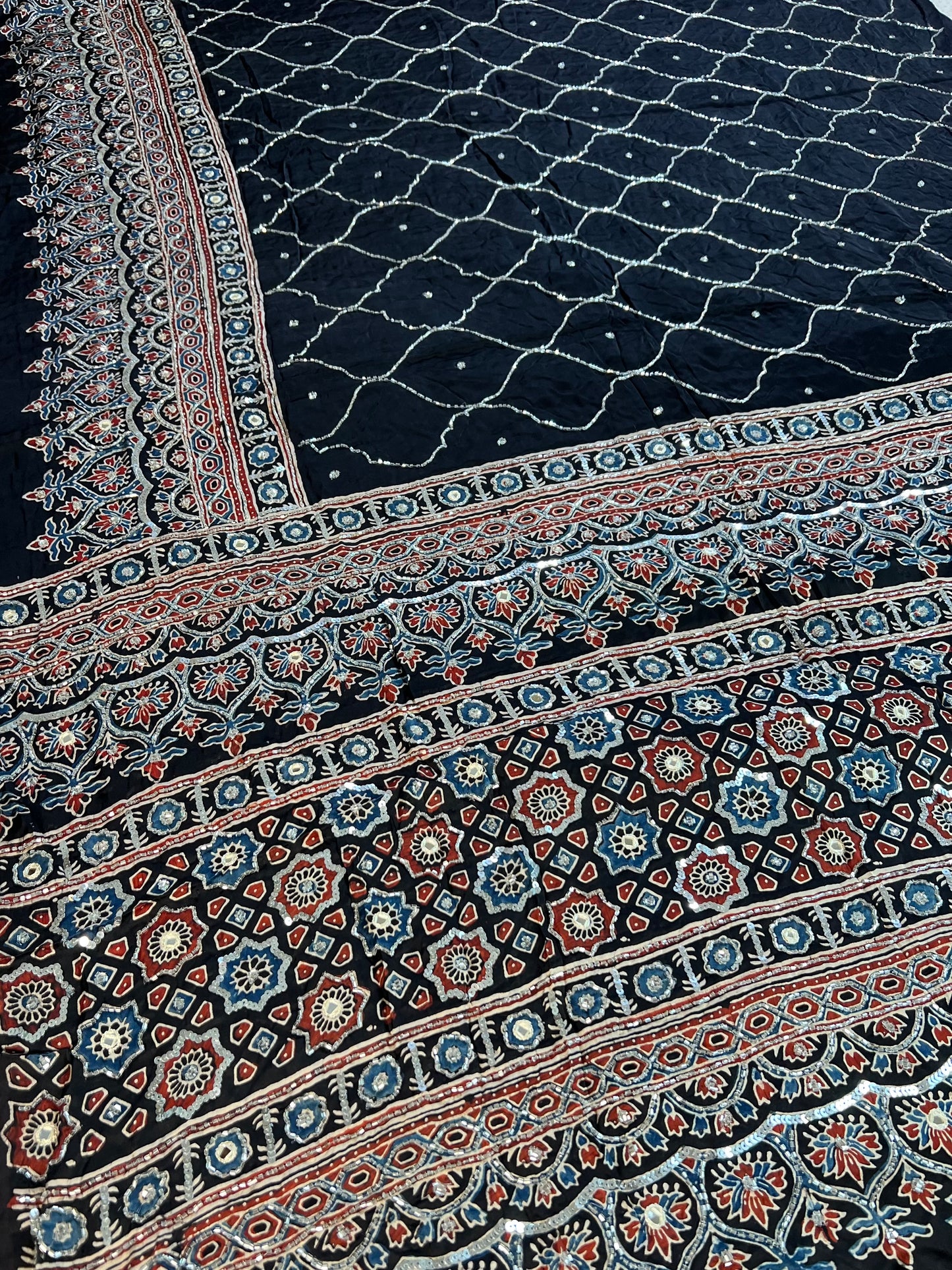 BLACK DAHLIA - Pure Modal Ajrakh Hand Embroidered Saree