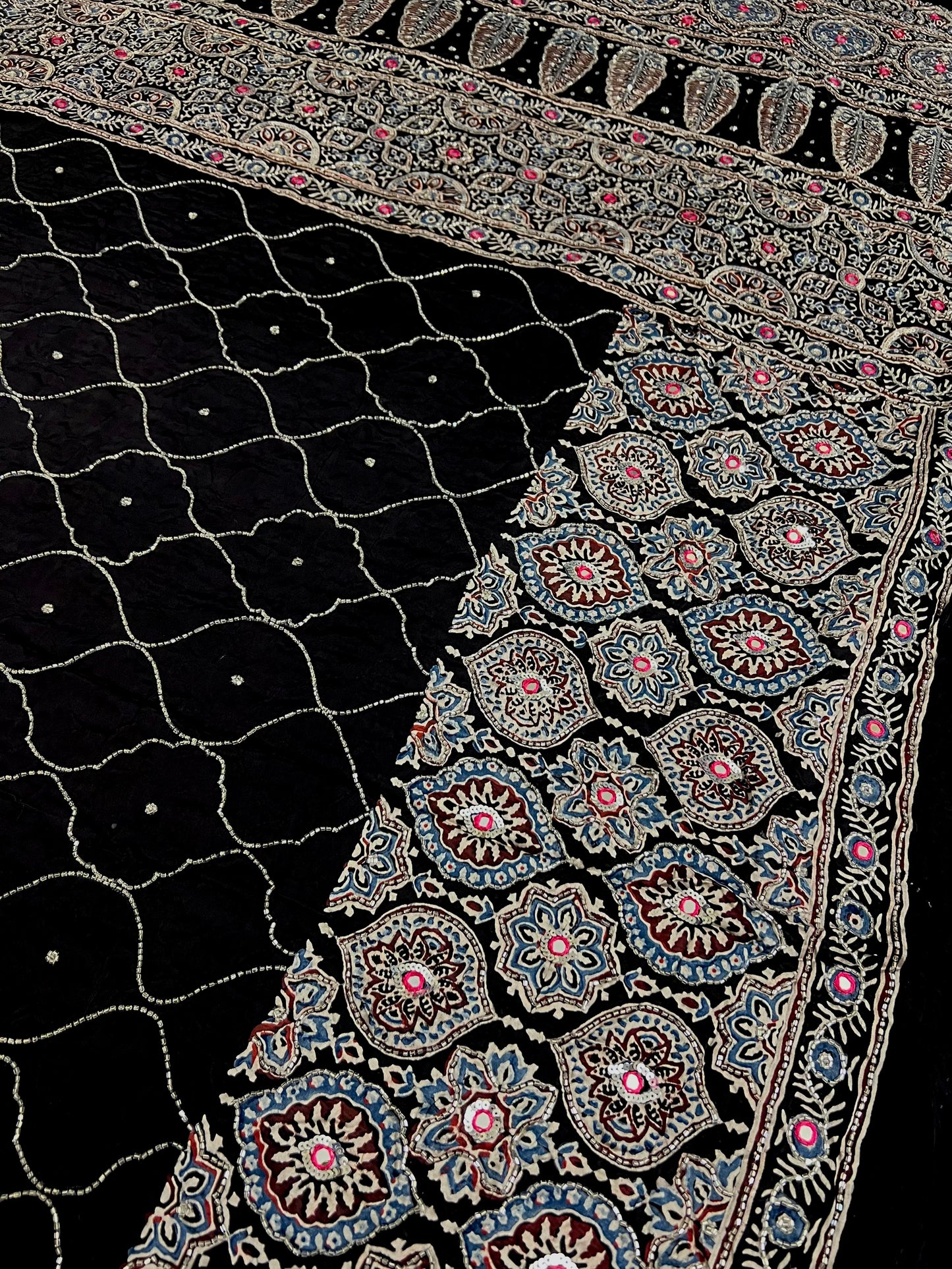 MIDNIGHT GALAXY - Pure Modal Ajrakh Hand Embroidered Saree