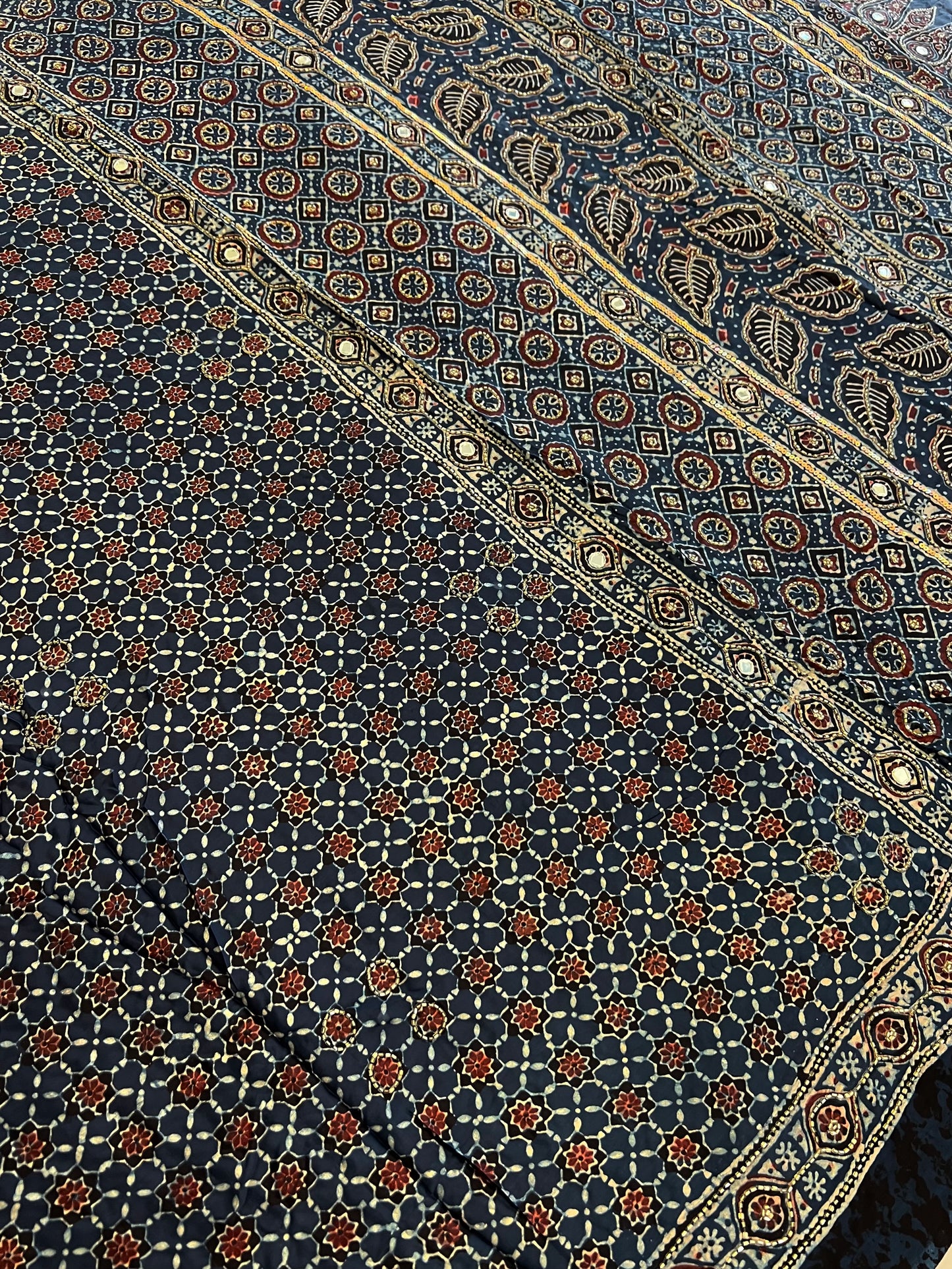 VELVET TIDE - Pure Modal Ajrakh Hand Embroidered Saree