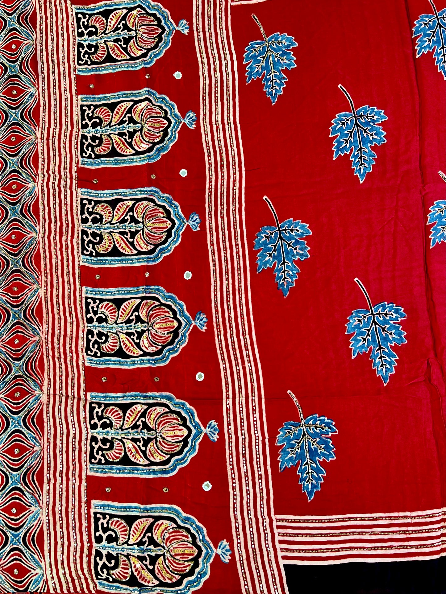 CRIMSON BLOOM - - Pure Modal Ajrakh Hand Embroidered Saree
