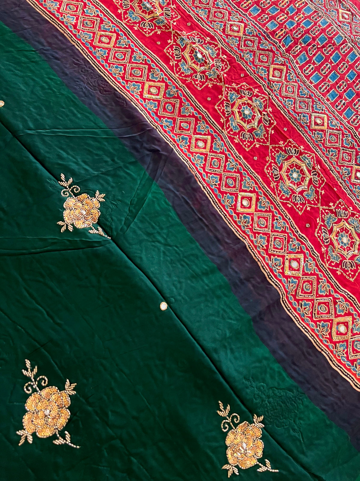 FOREST ROSE - Pure Modal Ajrakh Hand Embroidered Saree