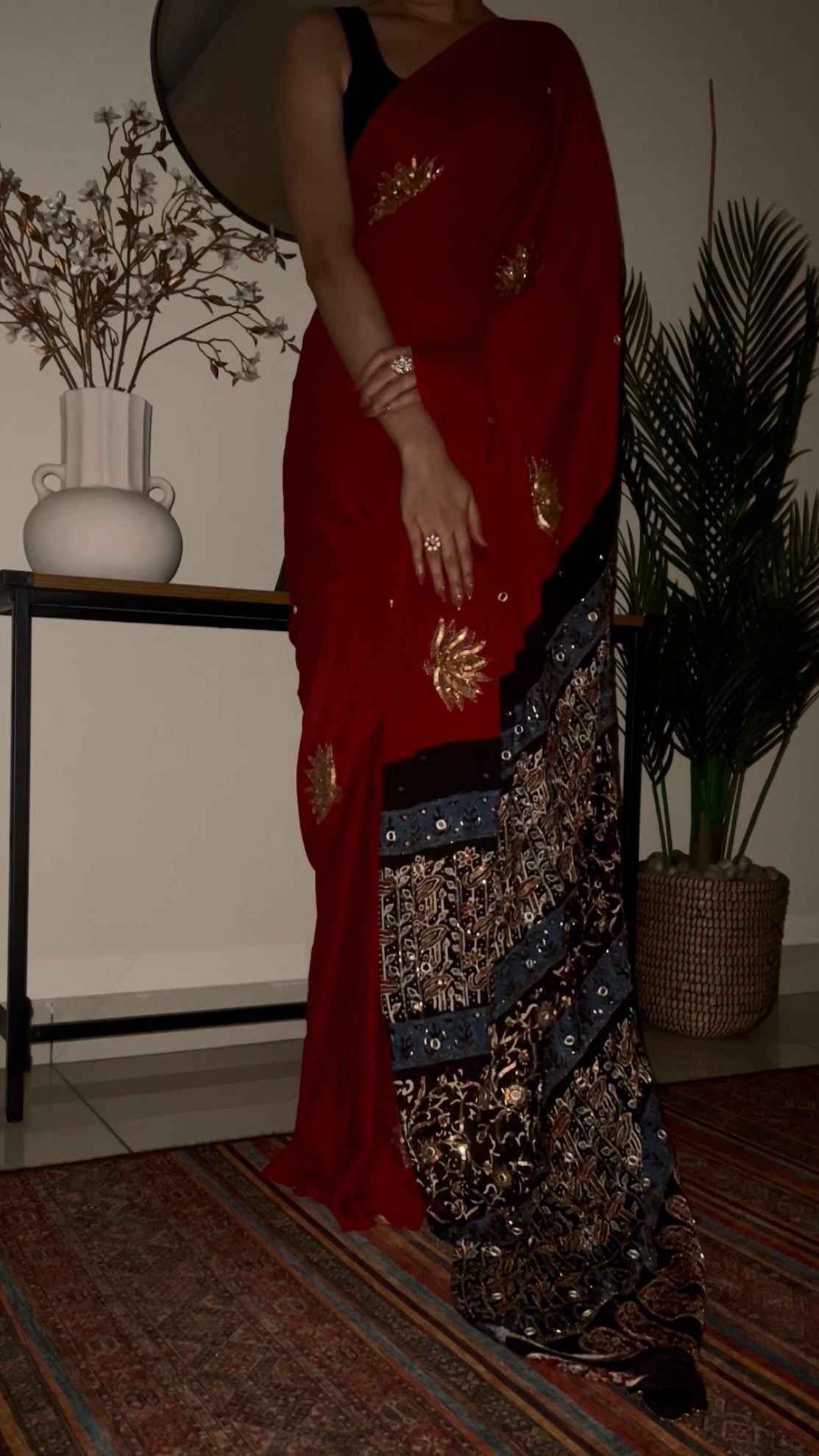 VERMILLION LOTUS - Pure Modal Ajrakh Hand Embroidered Saree