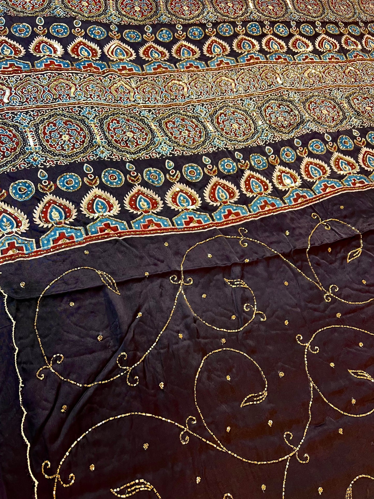 MIDNIGHT SHIMMER - Pure Modal Ajrakh Hand Embroidered Saree