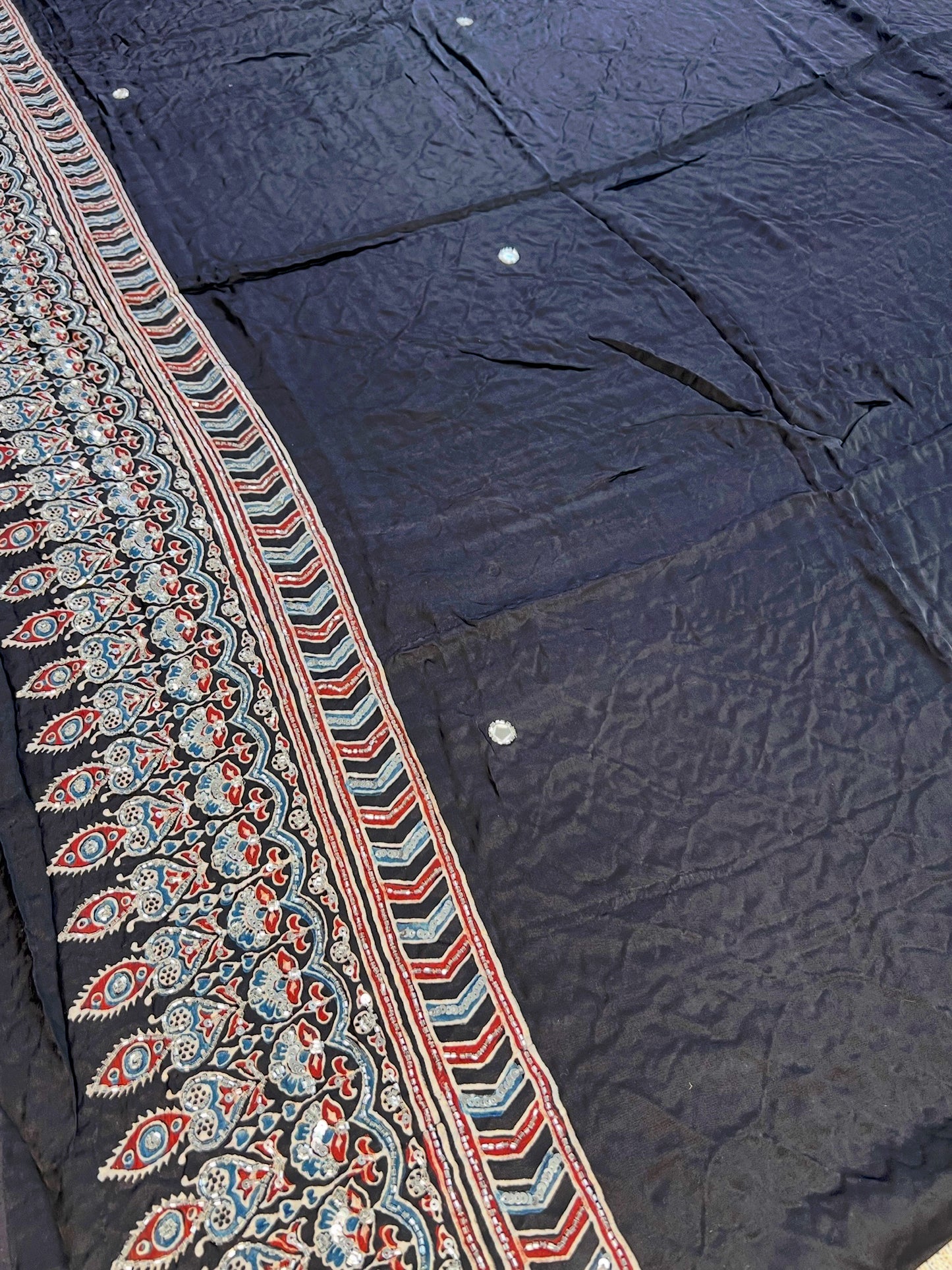 MIDNIGHT ECLIPSE - Pure Modal Ajrakh Hand Embroidered Saree
