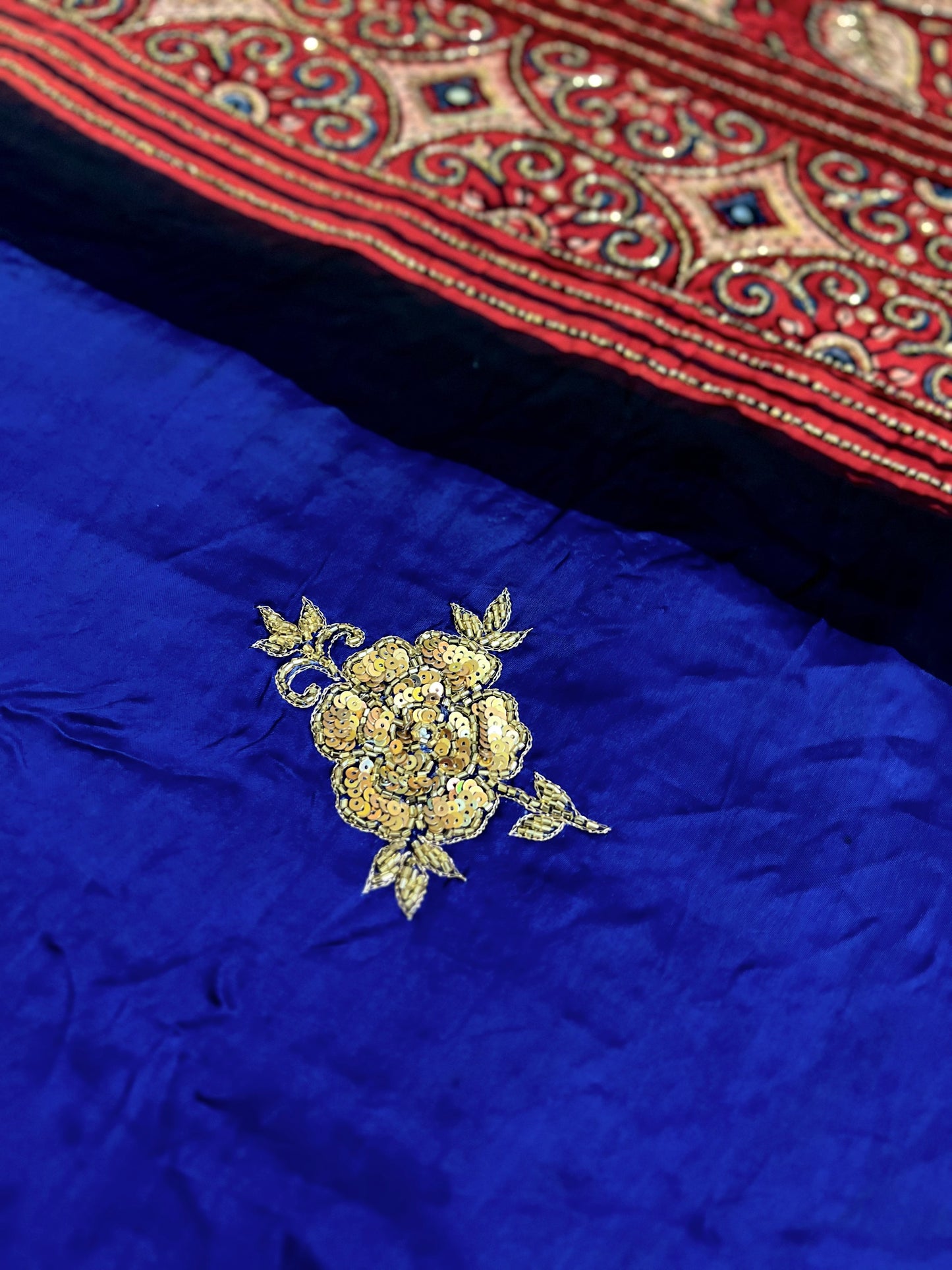 ROYAL ROSE - Pure Modal Ajrakh Hand Embroidered Saree