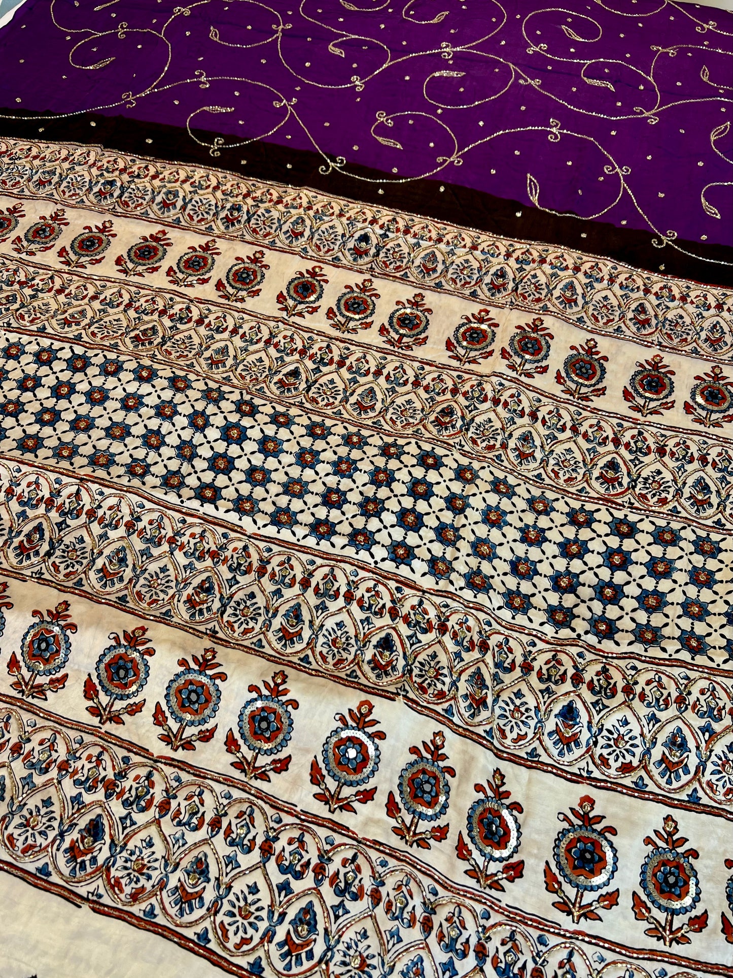 PEARL ORCHID - Pure Modal Ajrakh Hand Embroidered Saree