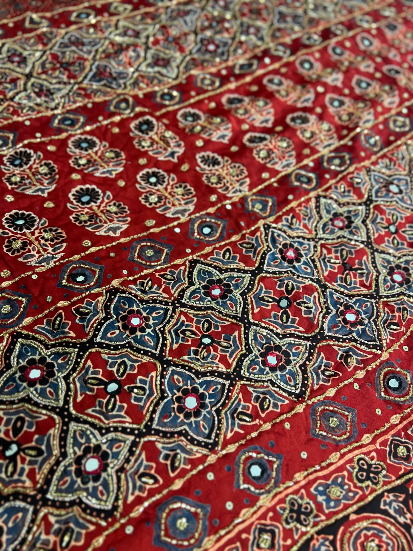 Red Pure Modal Ajrakh Hand Embroidered Saree