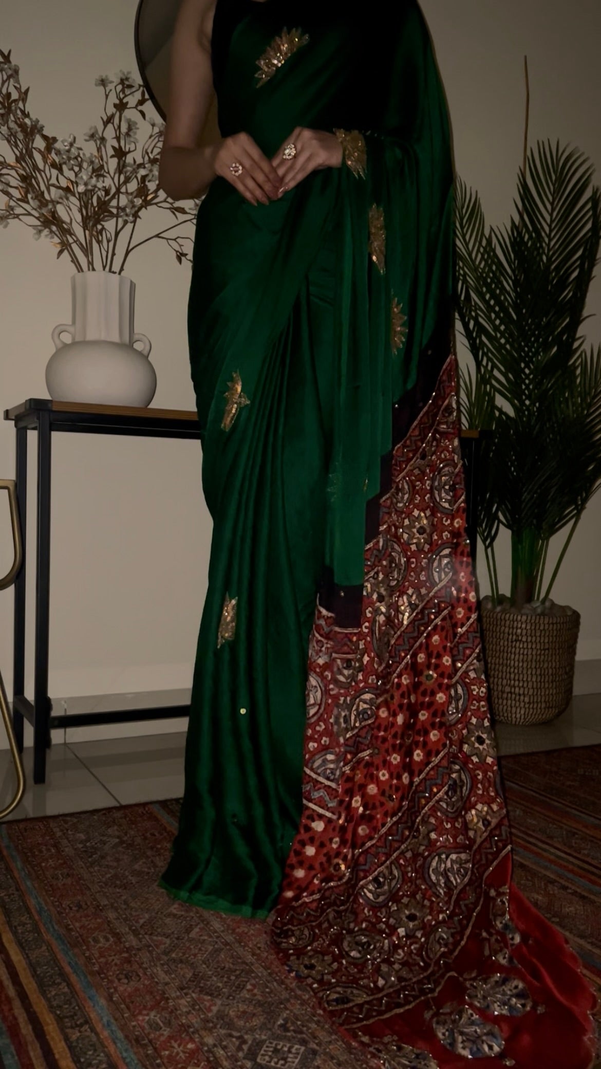 ENCHANTED LOTUS - Pure Modal Ajrakh Hand Embroidered Saree