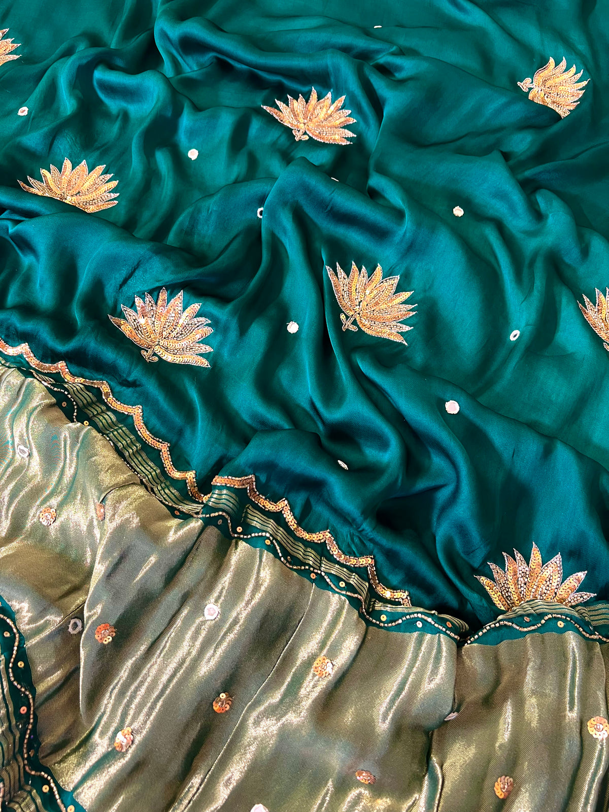 EMERALD LOTUS - Pure Modal Hand Embroidered Saree with Tassels