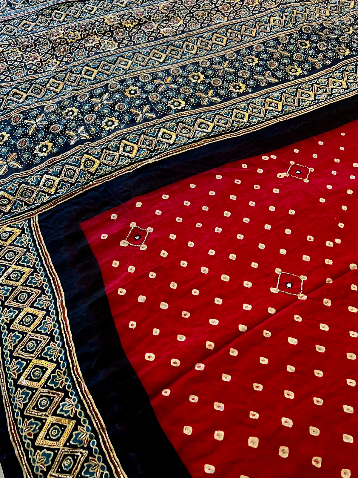 RED ROYALTY - Pure Modal Bandhani Ajrakh Hand Embroidered Saree
