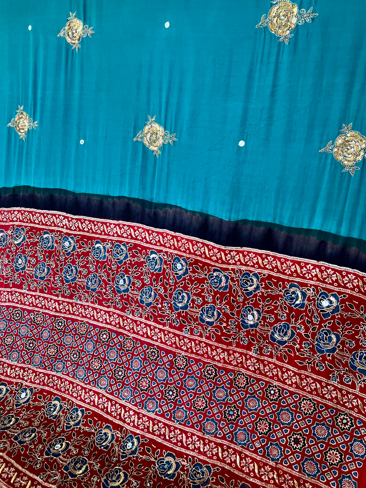 FANTASY ROSE - Pure Modal Ajrakh Hand Embroidered Saree