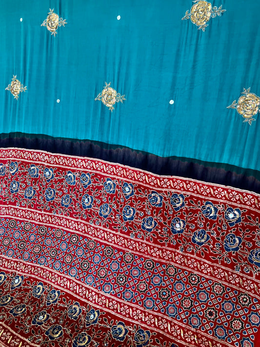 FANTASY ROSE - Pure Modal Ajrakh Hand Embroidered Saree