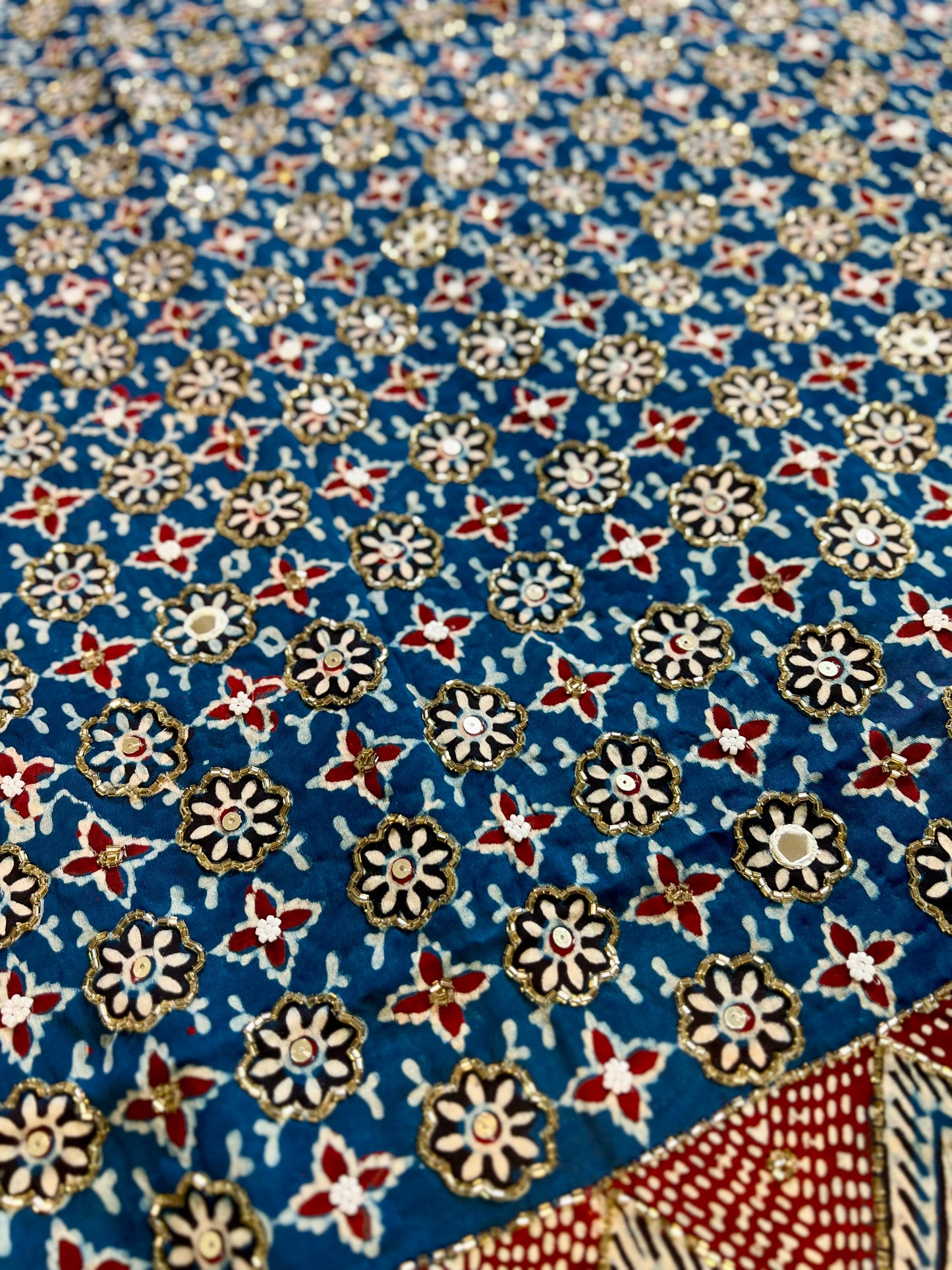 INDIGO STARDUST - Pure Modal Ajrakh Hand Embroidered Saree