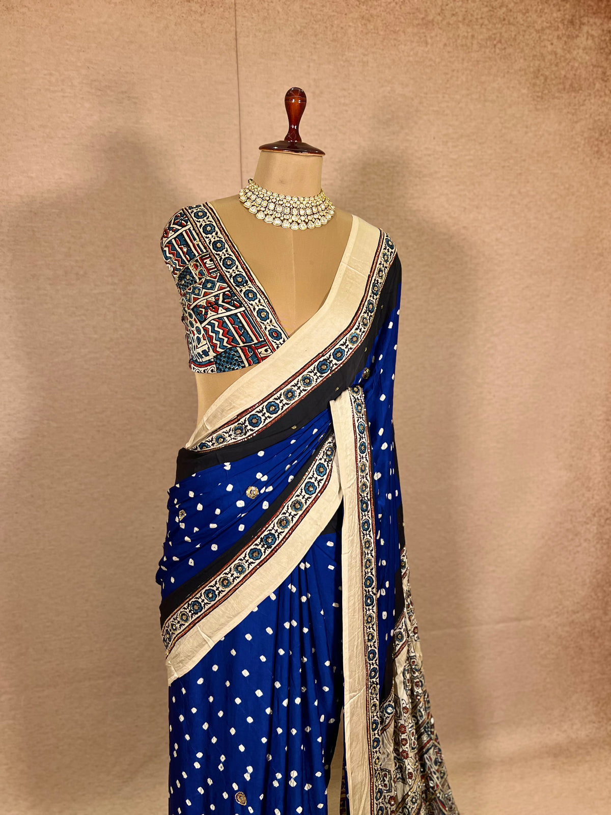 BLUE GRANDUER - Pure Modal Bandhani Ajrakh Hand Embroidered Saree