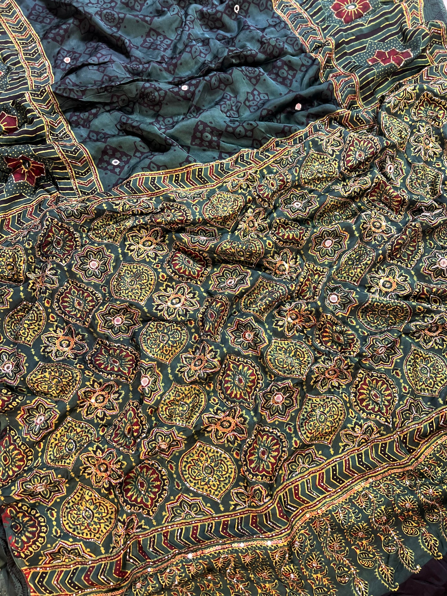 FOREST MIST - Pure Modal Ajrakh Hand Embroidered Saree