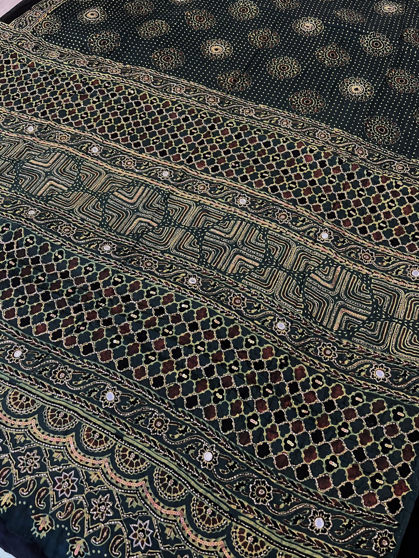TROPICAL DREAM - Pure Modal Ajrakh Hand Embroidered Saree