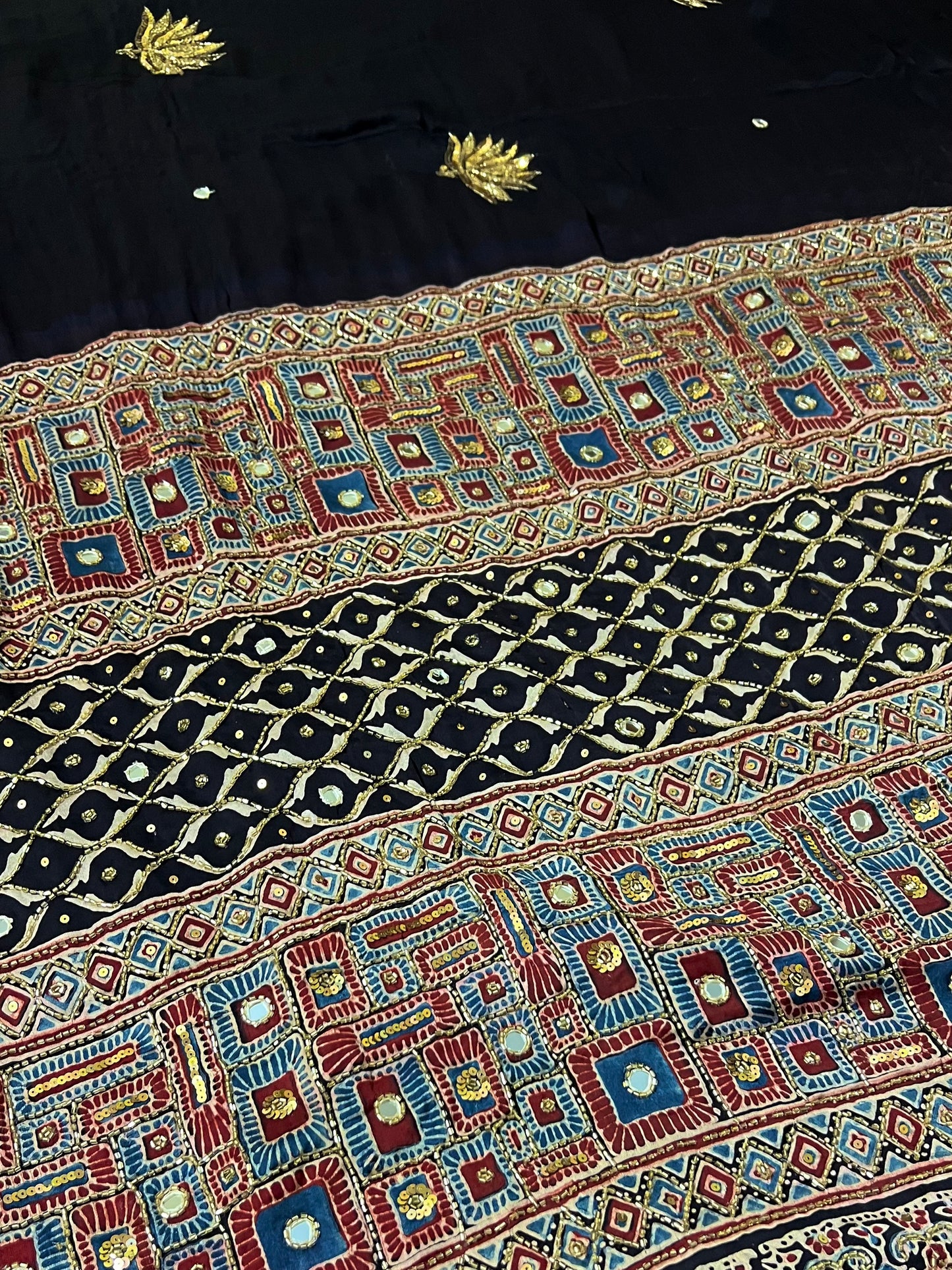 COSMIC LOTUS - Pure Modal Ajrakh Hand Embroidered Saree
