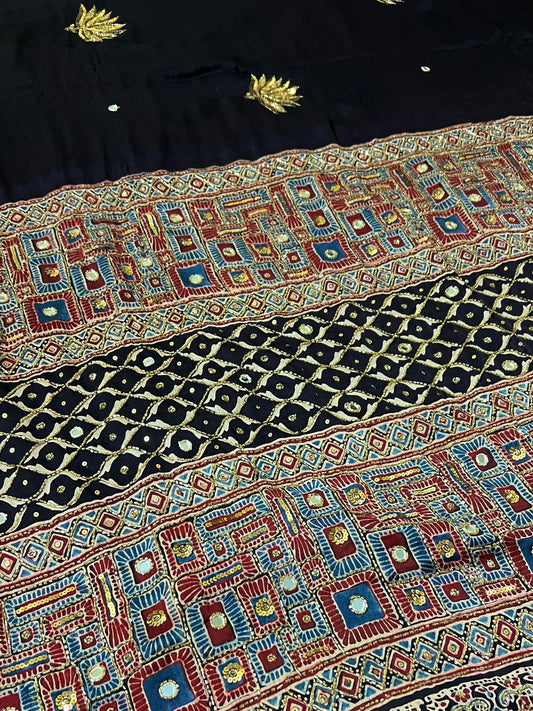 COSMIC LOTUS - Pure Modal Ajrakh Hand Embroidered Saree
