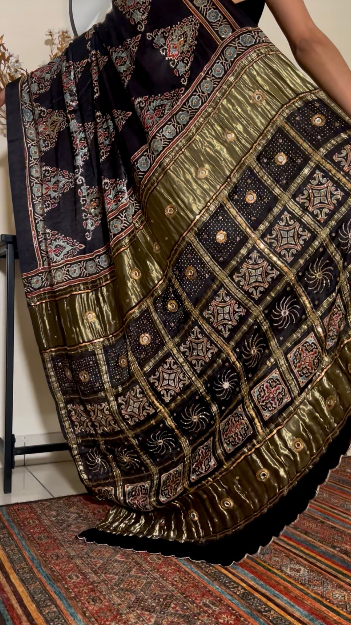 REGAL BLACK - Pure Modal Ajrakh Hand Embroidered Saree