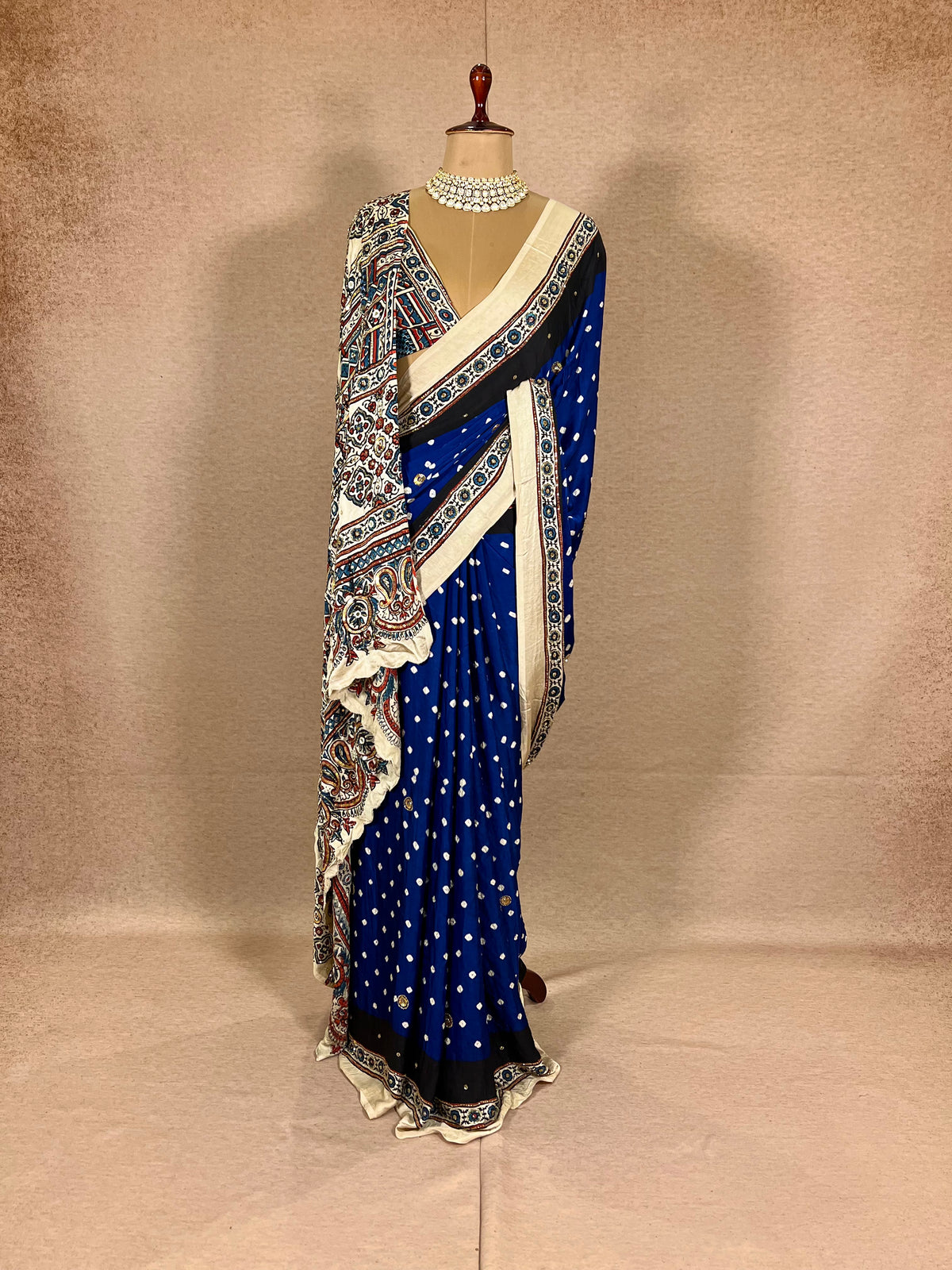 BLUE GRANDUER - Pure Modal Bandhani Ajrakh Hand Embroidered Saree
