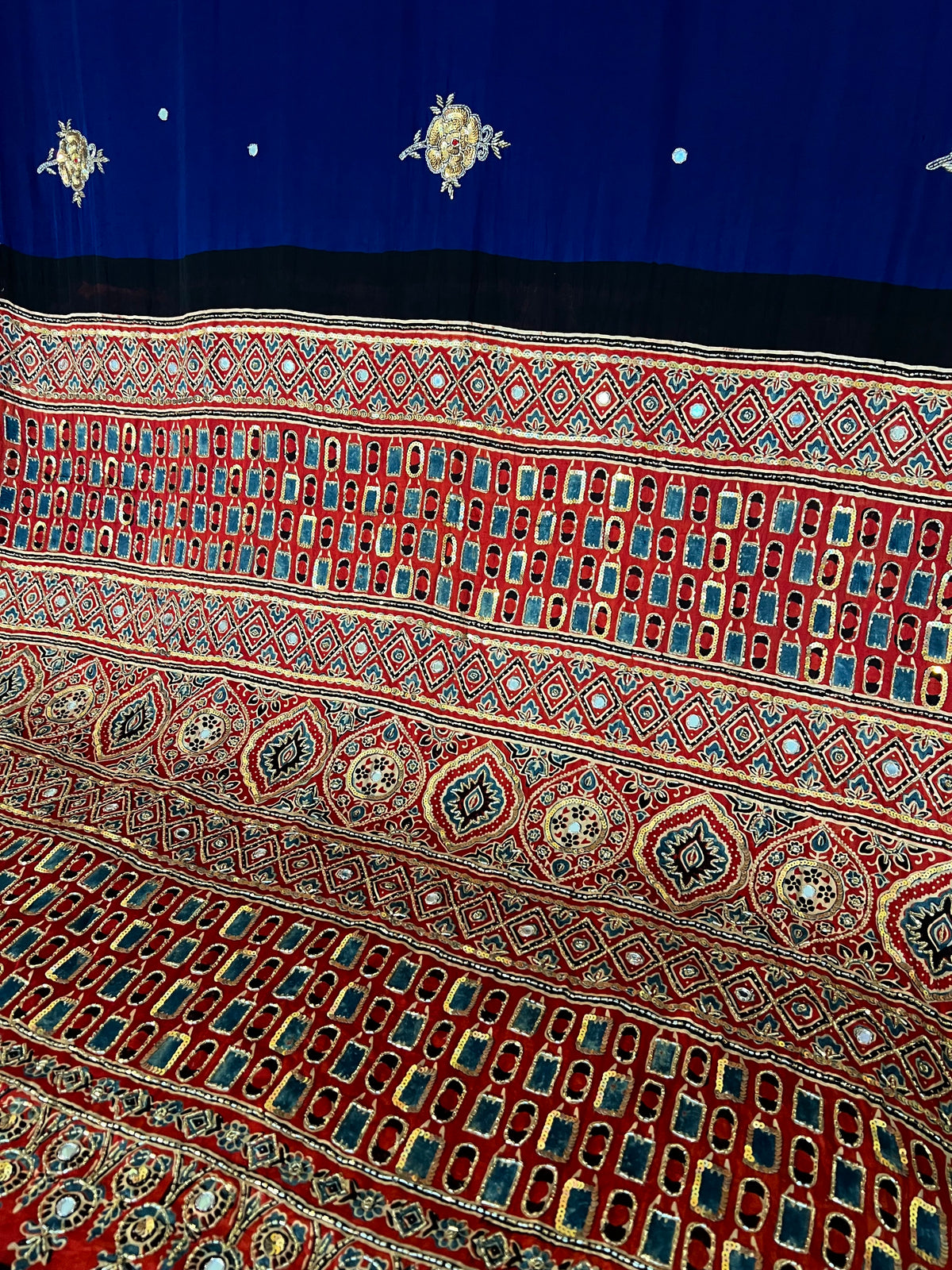 AZURITE ROSE - Pure Modal Ajrakh Hand Embroidered Saree