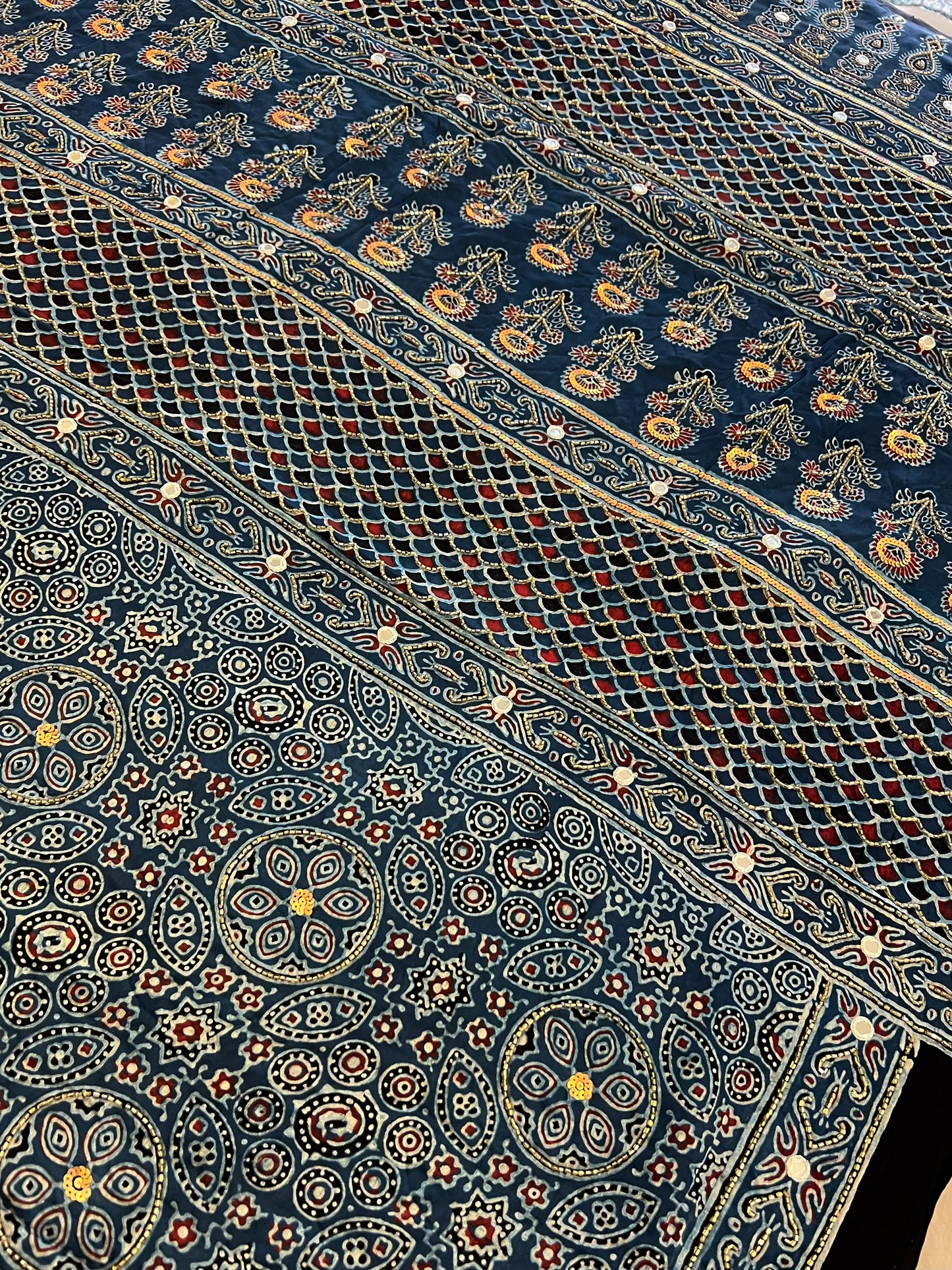 RIVER MIST - Pure Modal Ajrakh Hand Embroidered Saree